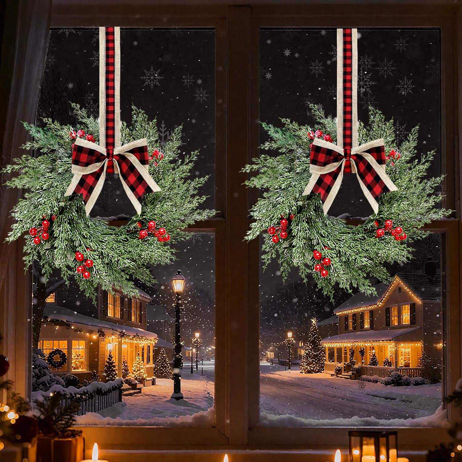 6 Pcs Small Christmas Wreath, Norfolk Pine Wreaths, 14in Mini Wreaths for Cabinets Christmas Candle Rings with Ribbon for Kitchen Window Decor, Mini Decorative Hanging Wreath for Xmas Decor