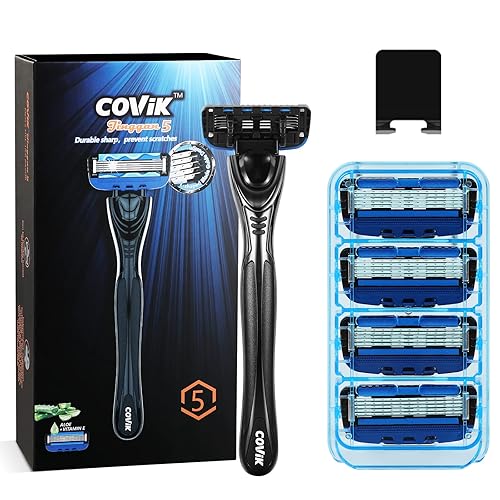 COVIK Maquinillas de afeitar de 5 cuchillas para hombre con doble lubricación y recortadora de precisión maquinilla de afeitar con 1 mango 5
