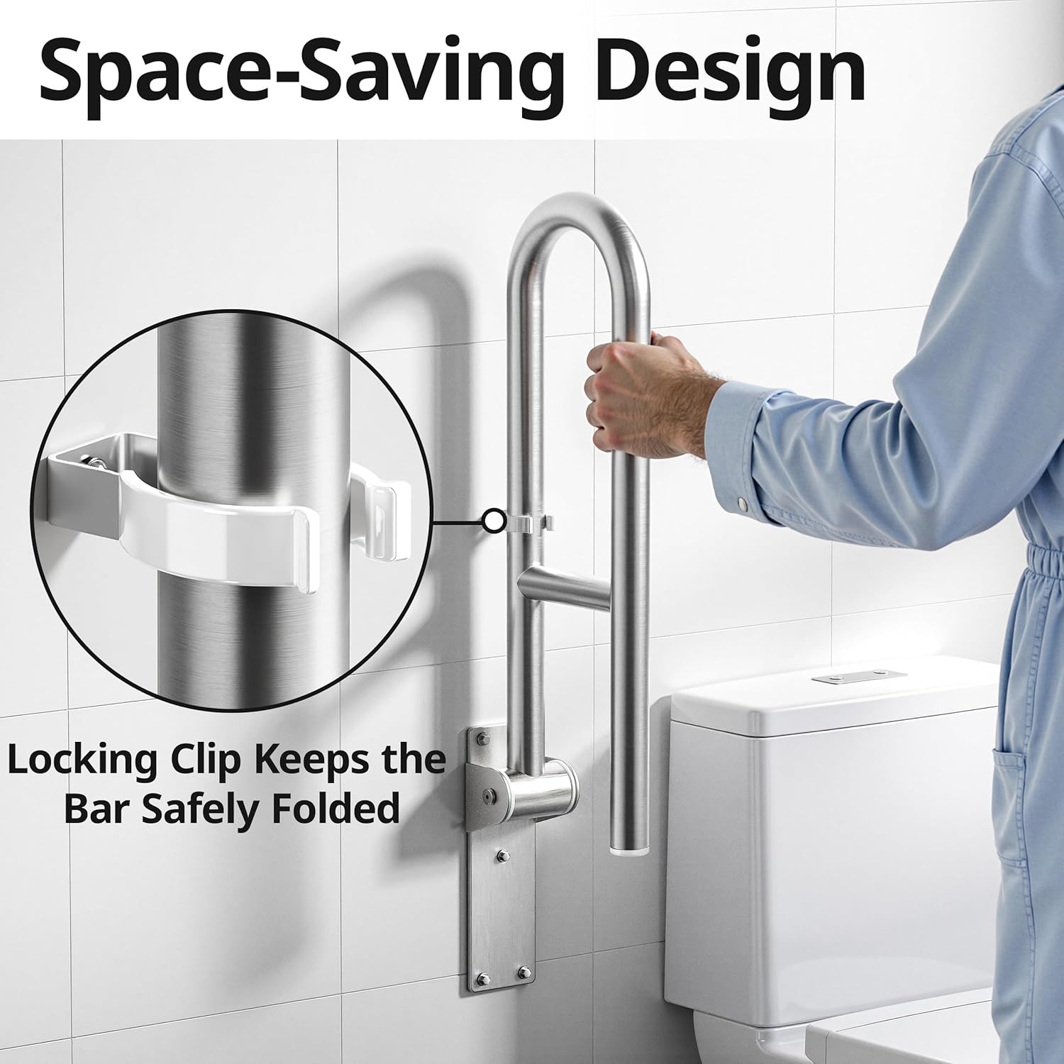 Toilet Grab Bar, Bathroom Safety Handrail Wall Mounted, 304 Stainless Steel Flip Up Folding Support Rail for Elderly Seniors and Handicap Assistance (24 Inch)