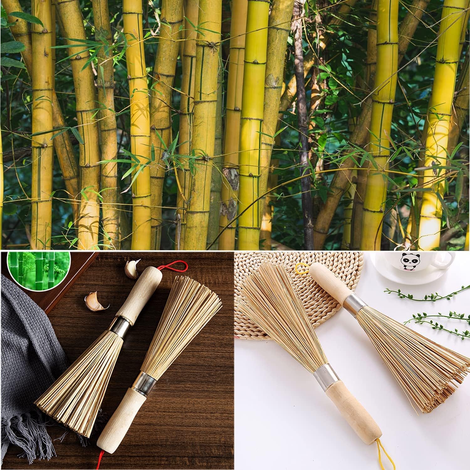 2Pack Traditional Bamboo Wok Brush, Natural Pan Scrubber for Cast Iron Skillet, Non-Scratch Kitchen Cleaning Brush for Pots, Dishes, Sink