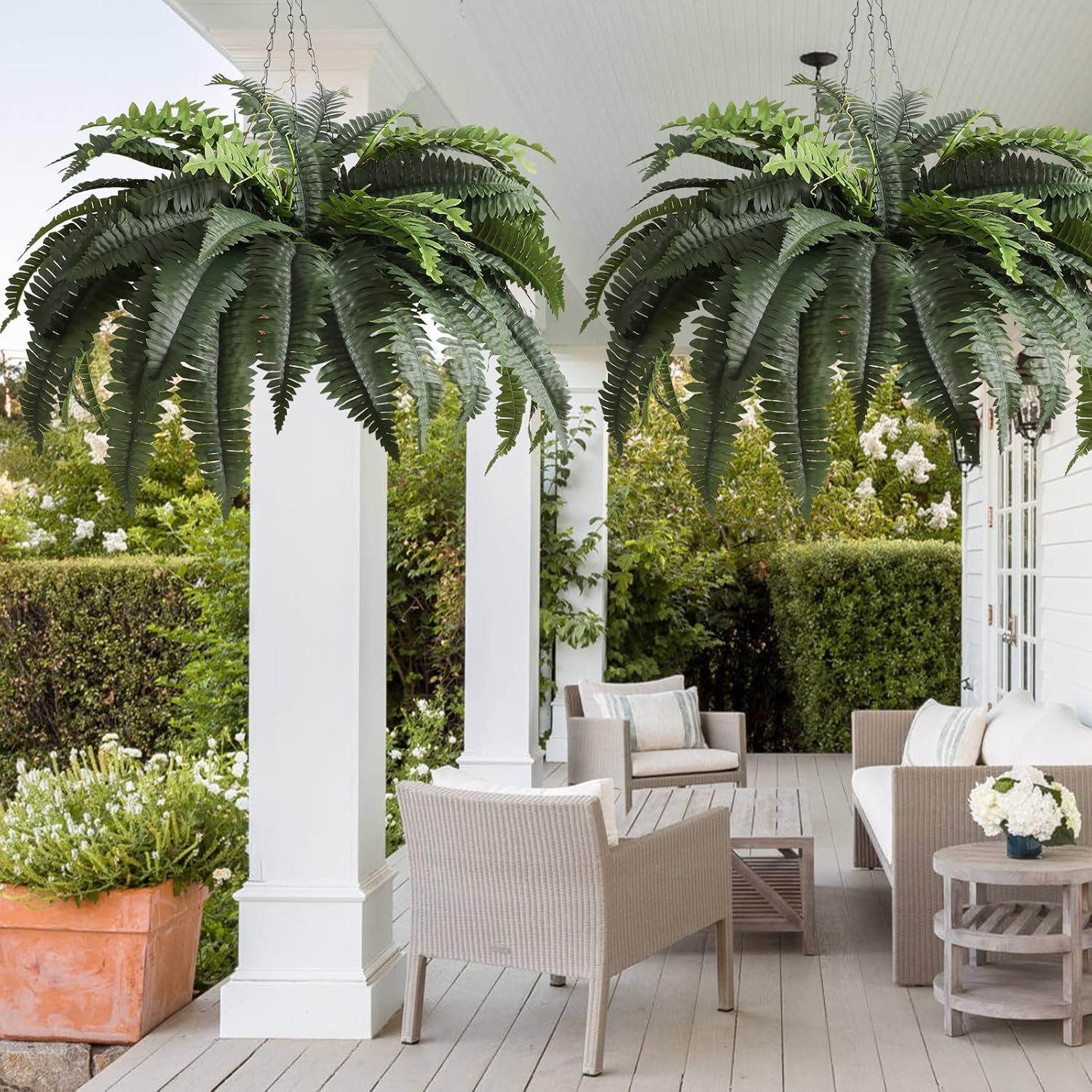 Luyue Fake Ferns Artificial Plants Sets of 2, 36" Artificial Boston Ferns for Outdoors Realistic Large Faux Fern Bush with 60 Fronds Hanging Plant for Front Porch Patio Outdoor/Indoor Home Decor