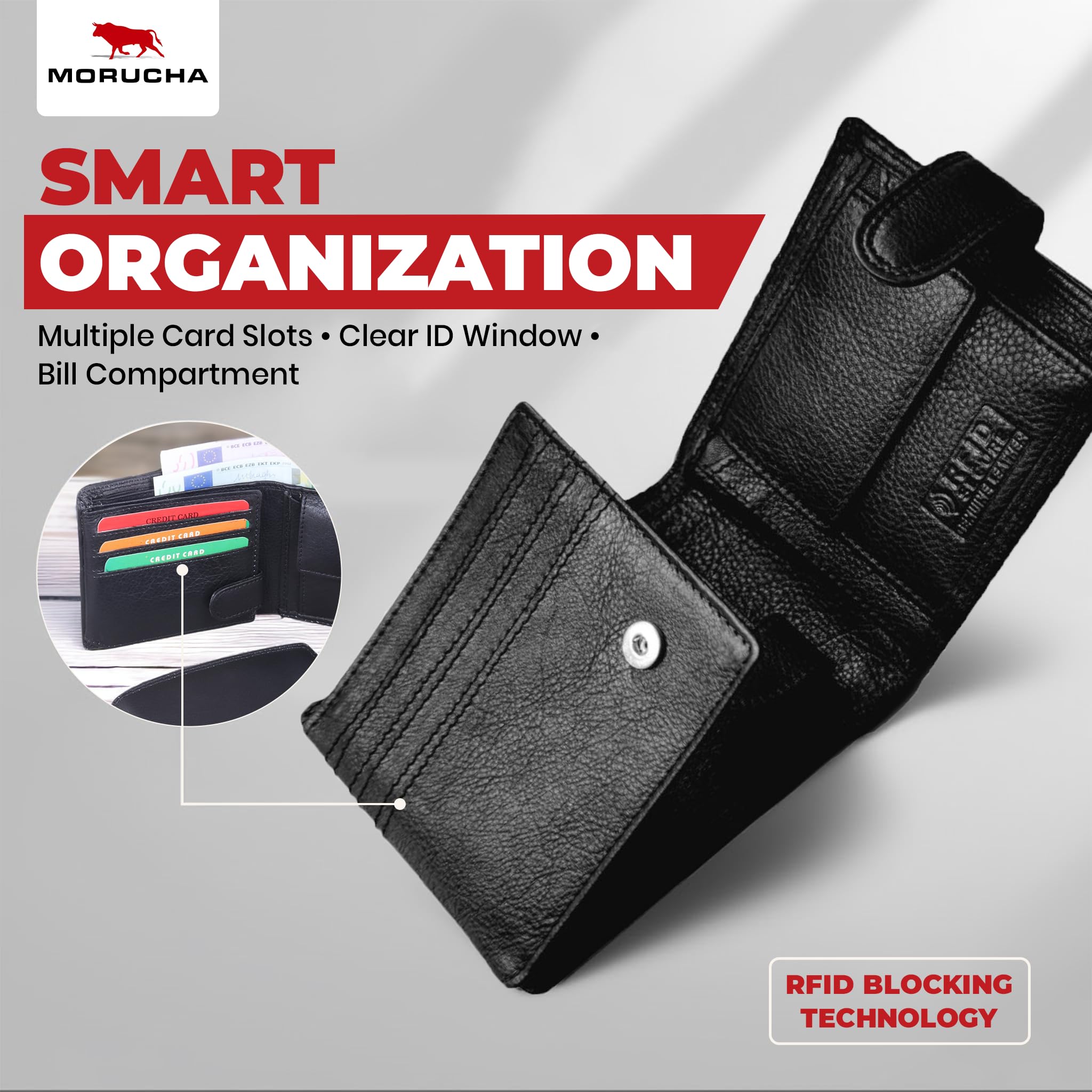MORUCHA Cartera negra de cuero con bloqueo RFID para hombre, 6 ranuras para tarjetas de crédito, 2 compartimentos para monedas, 1 bolsillo para monedas, 1 cartera para tarjetas de identificación #M25