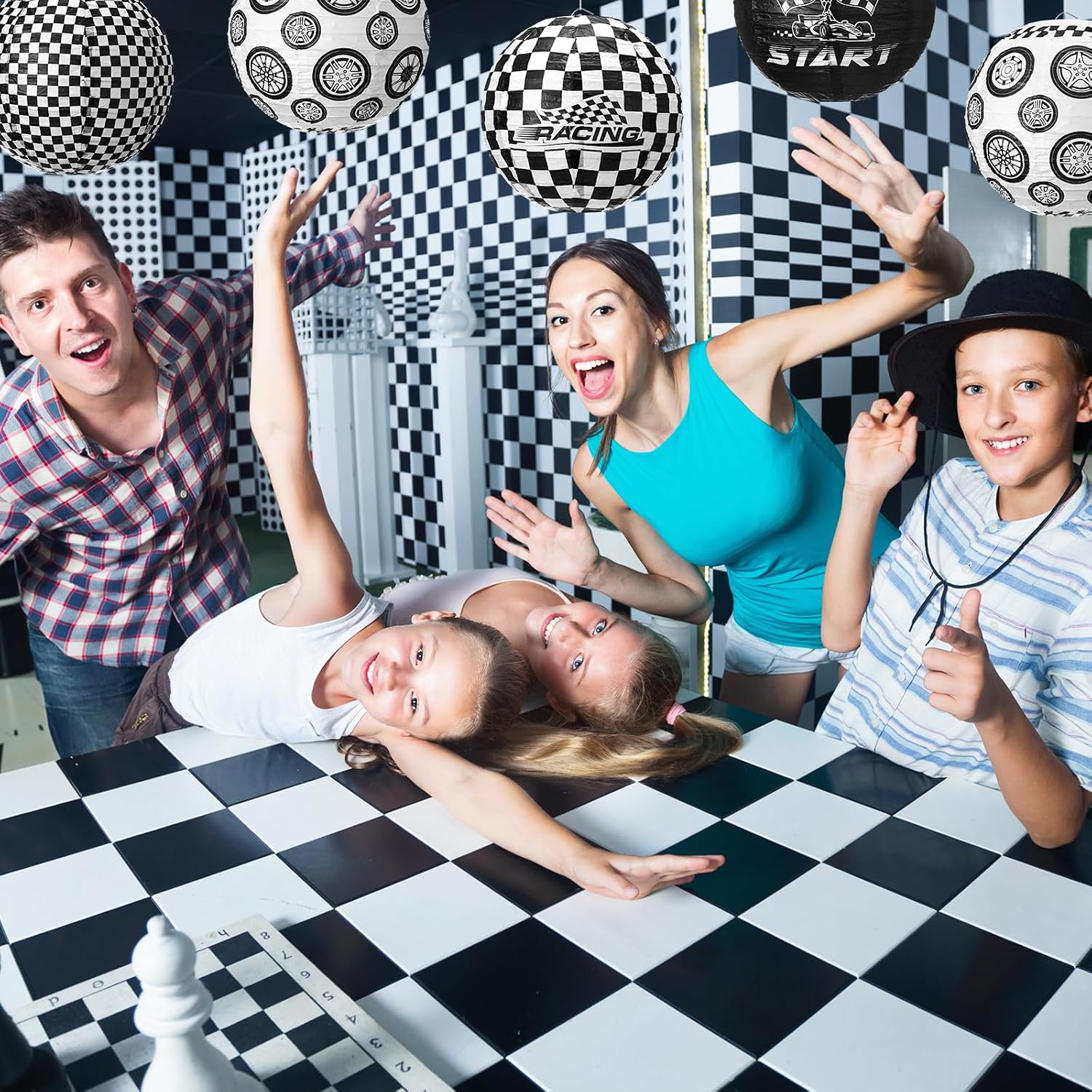 12 Pieces Black and White Checkered Paper Lanterns Race Car Party Decorations 8 Inch Checkered Flag Hanging Round Paper Lanterns for Checkered Flag Party Birthday Indoor Outdoor Supplies
