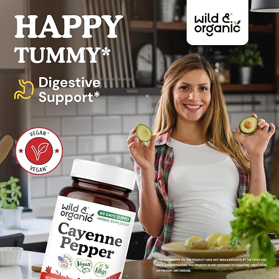 Wild & Organic Cayenne Pepper Capsules 500 mg - Digestive Support - Pure Cayenne Pepper Extract - Capsaicin Supplements - Vegan, No Fillers, Non-GMO - 60 Count