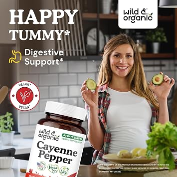 Wild & Organic Cayenne Pepper Capsules 500 mg - Digestive Support - Pure Cayenne Pepper Extract - Capsaicin Supplements - Vegan, No Fillers, Non-GMO - 60 Count