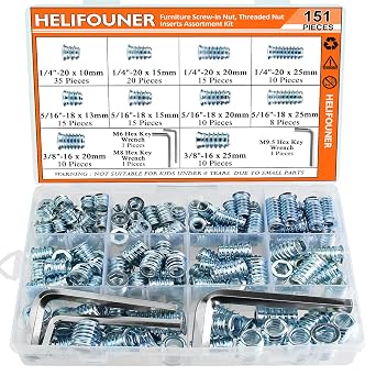 1/4-20, 5/16-18, 3/8-16 Threaded Inserts, Wood Inserts, Steel Threaded Inserts for Wood Furniture Screw, HELIFOUNER 148 Pieces 1/4"-20, 5/16"-18, 3/8"-16 Threaded Inserts Kit with Hex Wrench