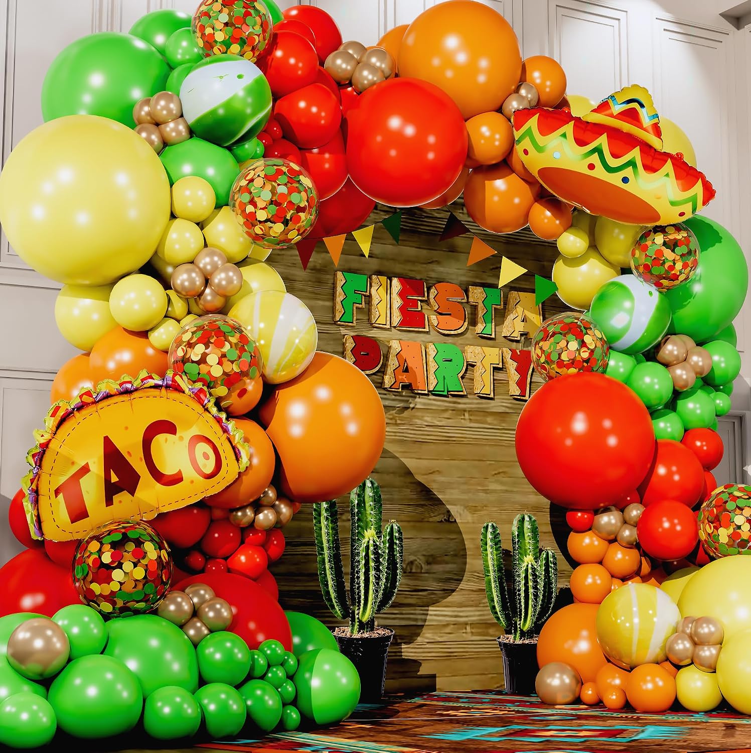 ALL-IN-1 Mexican Balloons Arch Kit & Garland with BONUS Taco Small and Large Red Yellow Orange Green Fiesta Balloons Mexican Party decorations & supplies for birthday, Cinco De Mayo image 4