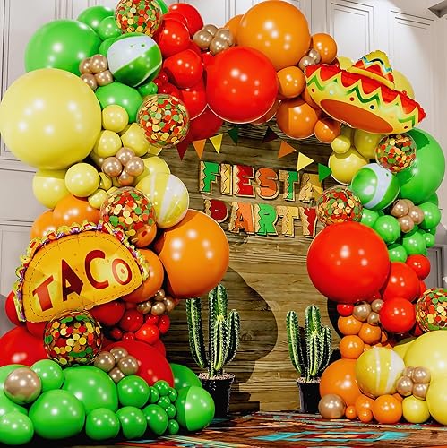 Miniatura 4 de Kit de arco de globos de fiesta mexicana todo en 1 y guirnalda con tacos adicionales, globos de fiesta pequeños y grandes, rojo, amarillo, naranja,