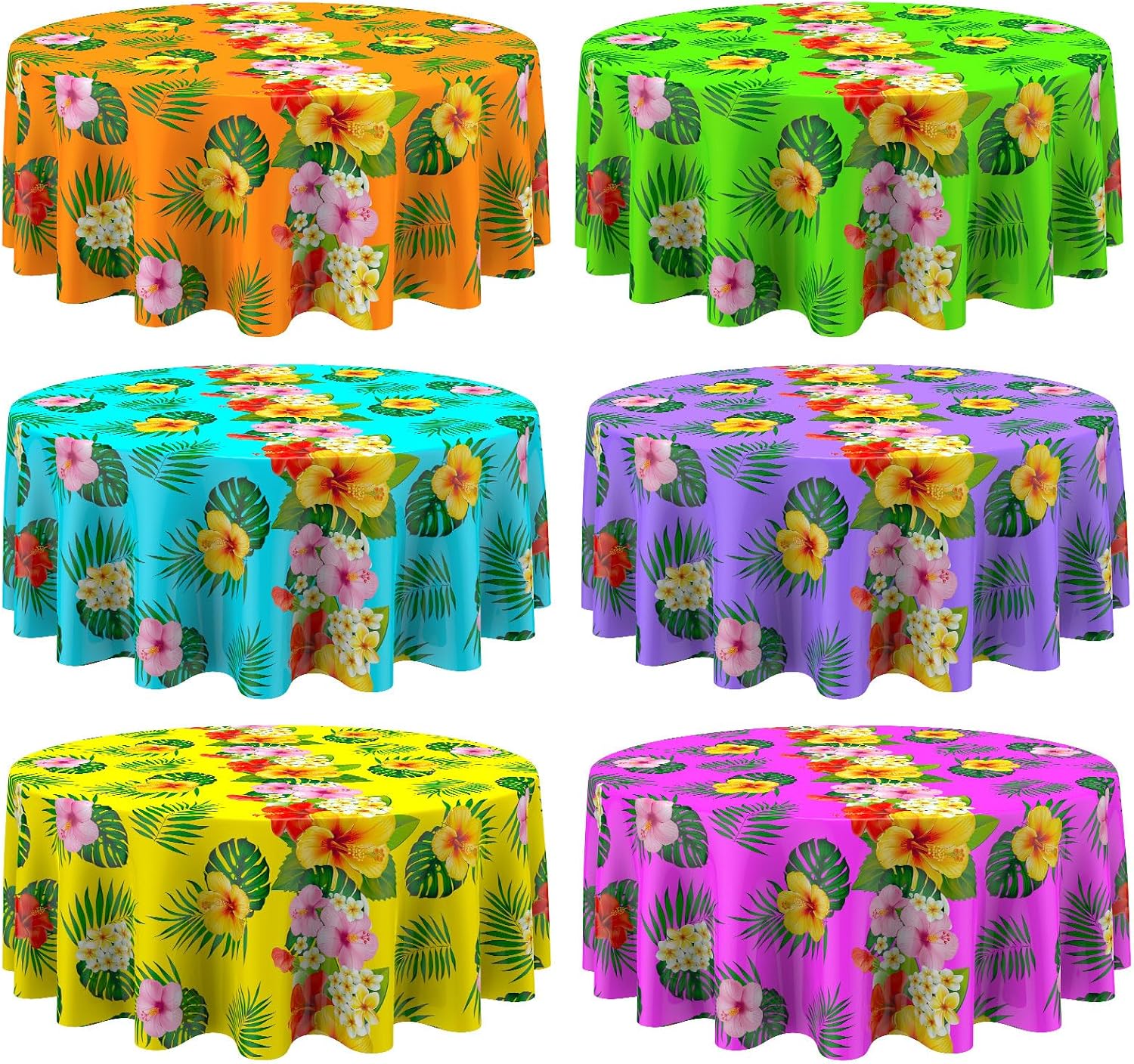 Oudain 3 Pcs Hawaiian Tablecloth 84 Inch Tropical Palm Leaves Flower Round Table Cloth Plastic Disposable Floral Circular Luau Tablecloth Waterproof Summer Table Cover for Beach Camping Picnic Party