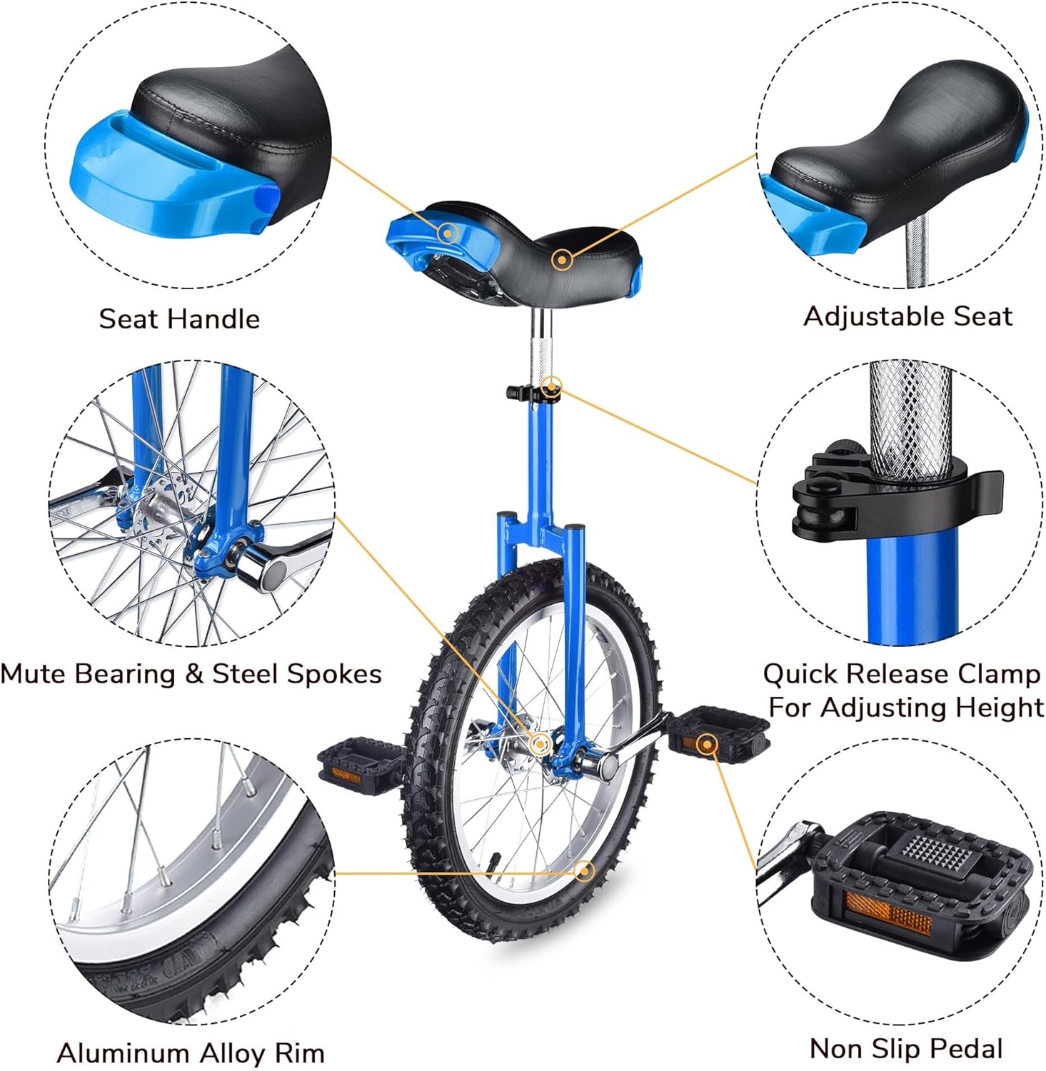 WinSpin 16" Inch Wheel Unicycle Leakproof Butyl Tire Wheel Cycling Outdoor Sports Fitness Exercise Health Blue