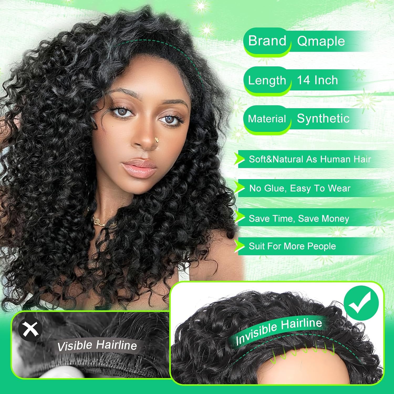 Half Wig Synthetic Hair 3 In 1 Curly Half Wig With Adjustable Drawstring Seamless Flip For Beginner Friendly Water Wave For Black Women (Black 14 Inch)
