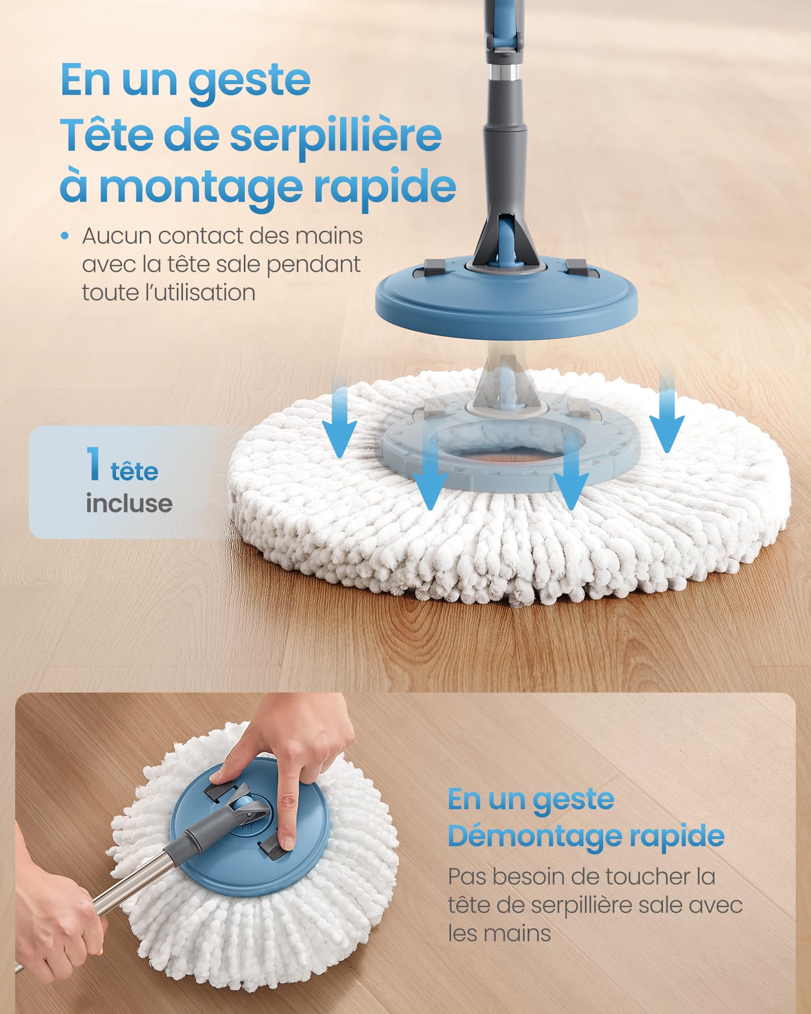 SONGMICS Ensemble Serpillère et Seau, avec Essoreur Rotatif, Balai Serpillière, Seau à Pédale, Manche Télescopique 122,5 à 150 cm, Tête Rotative 360°, 3 Chiffons Microfibres, Bleu et Gris LMB002QT03