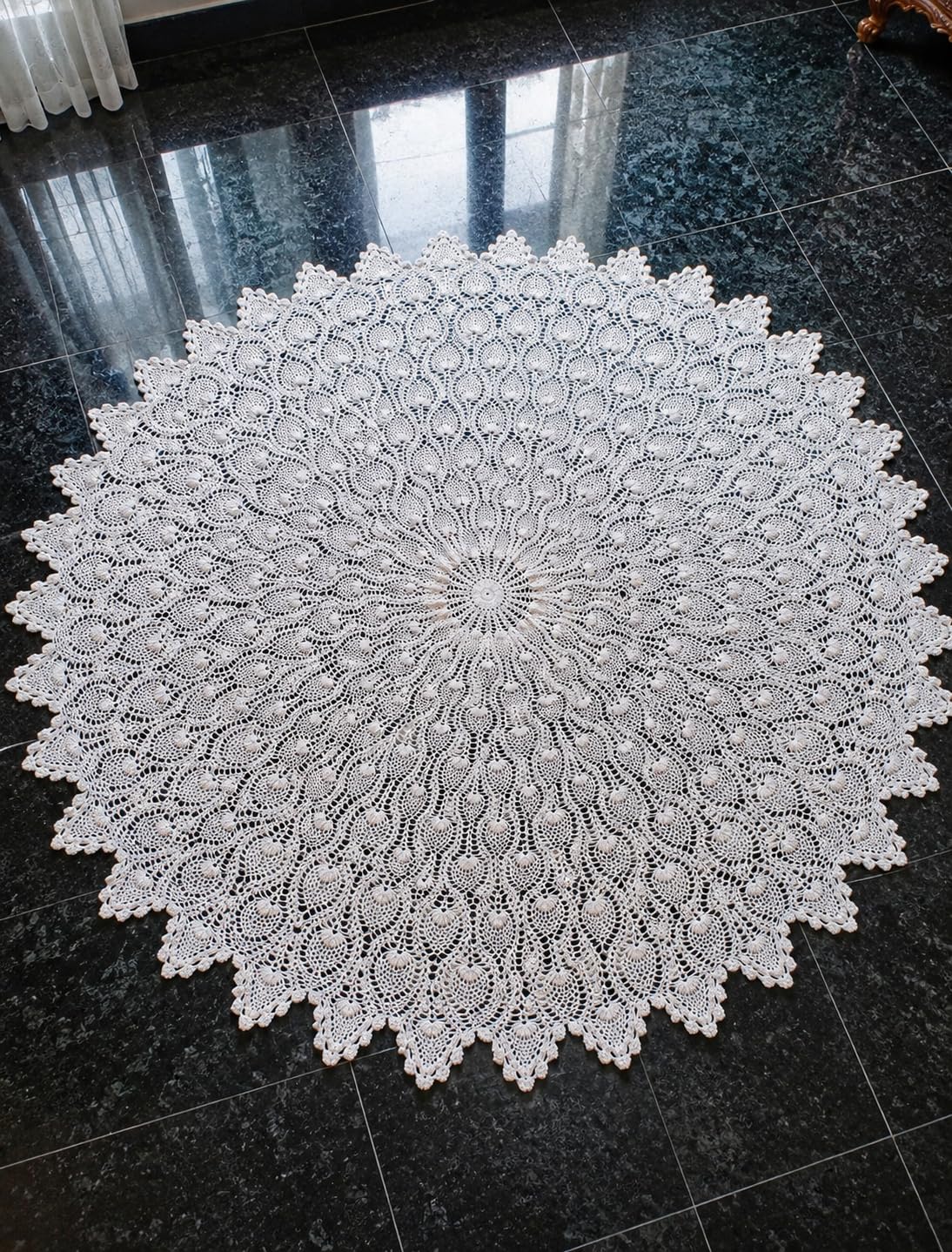 Raya Floral Crochet Tablecloth, Round, 165 cm Diameter | Handmade, Soft Cotton Thread, Lace Design, Vintage Style, Round Shape-image-12