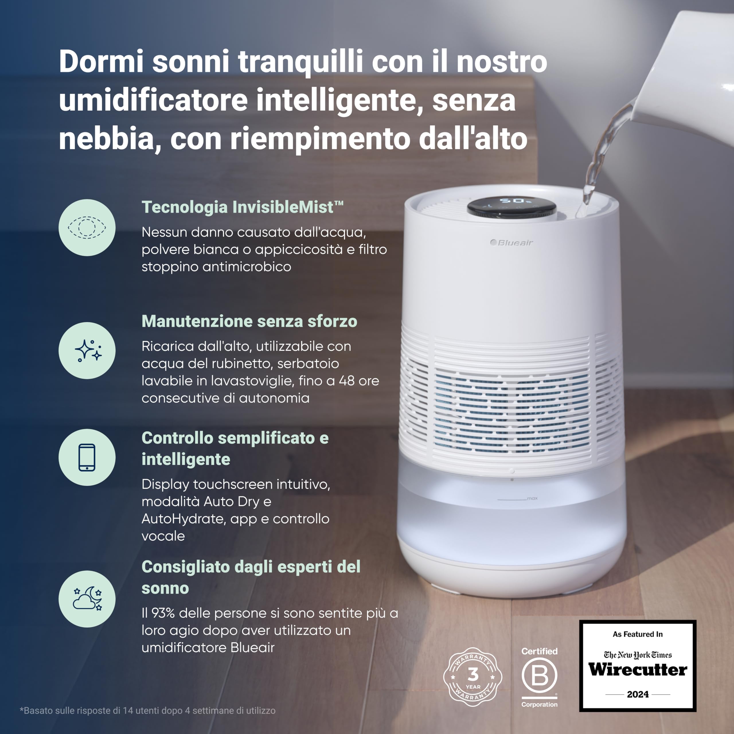 BLUEAIR Umidificatore Intelligente, Serbatoio 3.5L lavabile in lavastoviglie per ambienti di grandi dimensioni, sonno migliore con la tecnologia di evaporazione, modalità automatica e notturna