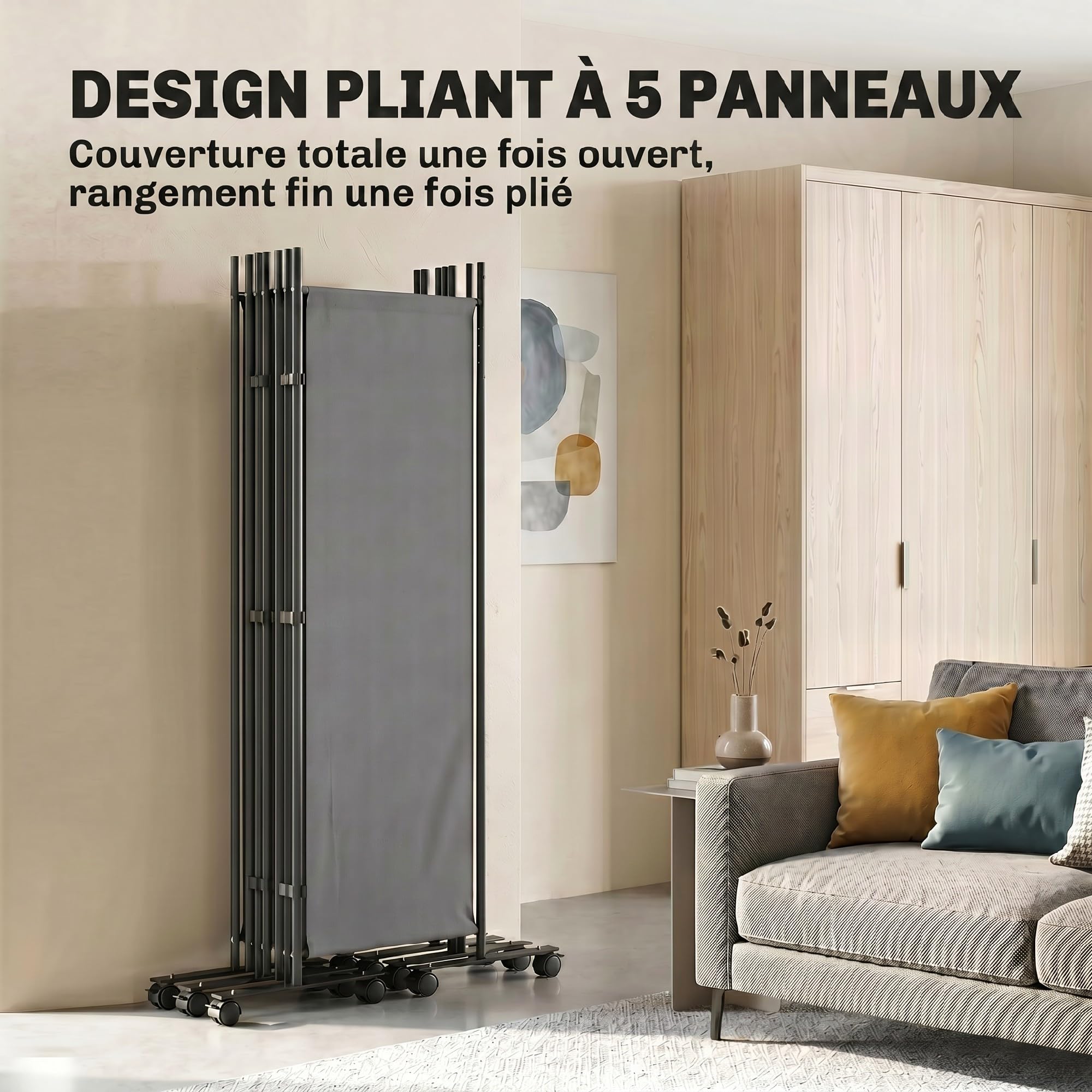 Outsunny Paravent 5 Panneaux 252 x 170 cm Pliant Intérieur Gris Foncé
