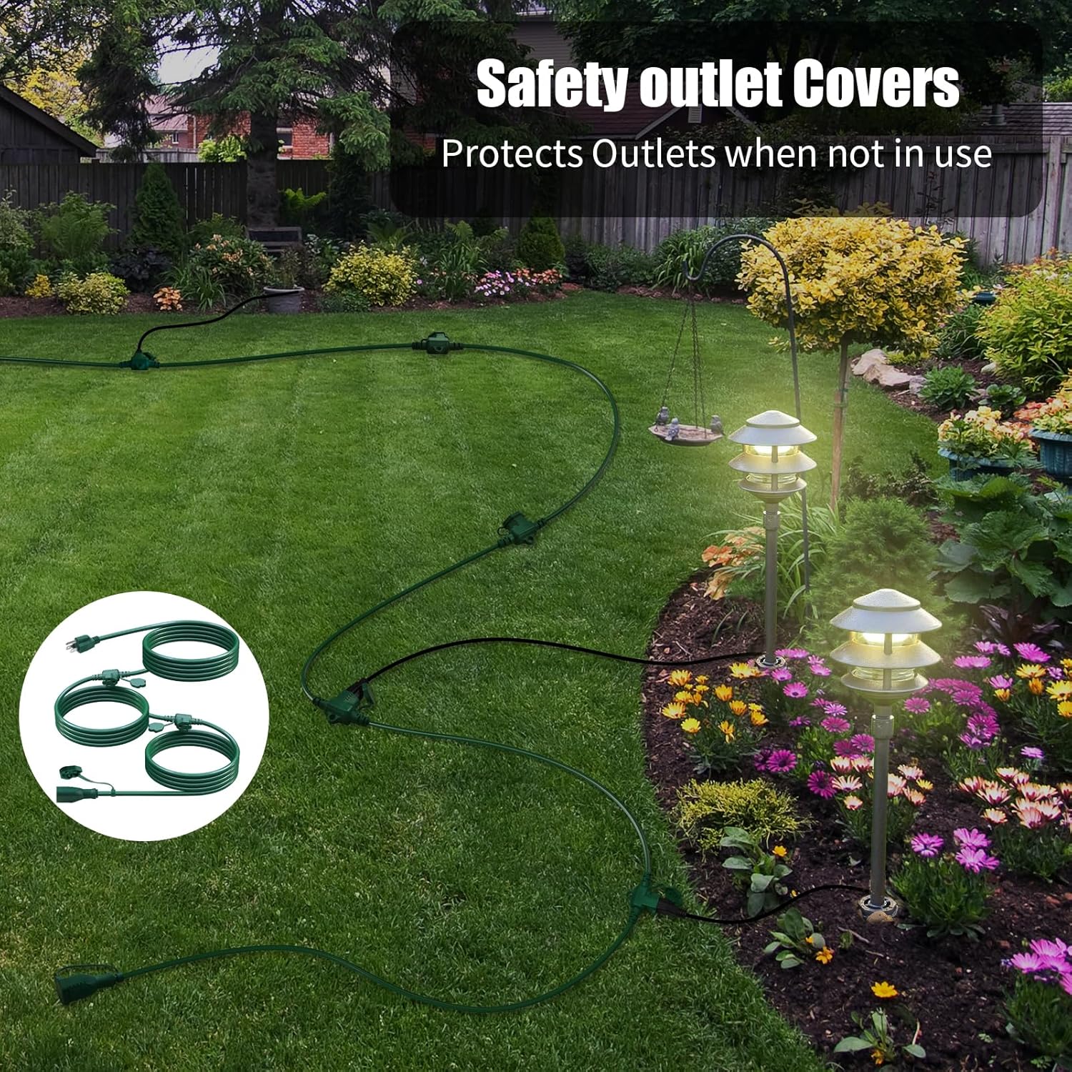 25Ft Outdoor Extension Cord Multiple Plugs- Evenly Spaced 3 Outlets Plugs with Safety Cover, 16/3 SJTW Green Outdoor Extension Cord for Landscape, Christmas Tree Lights, Holiday, ETL Listed