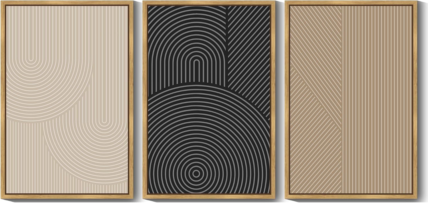 Drsoum Mid-Century Modern Framed Wall Art Large 24x36in Minimalist Abstract Boho Neutral Line Wall Decor Geometric Artwork Kitchen Dining Room Natural Framed Mid-Century Modern 24" x36" x3pcs, Natural Framed