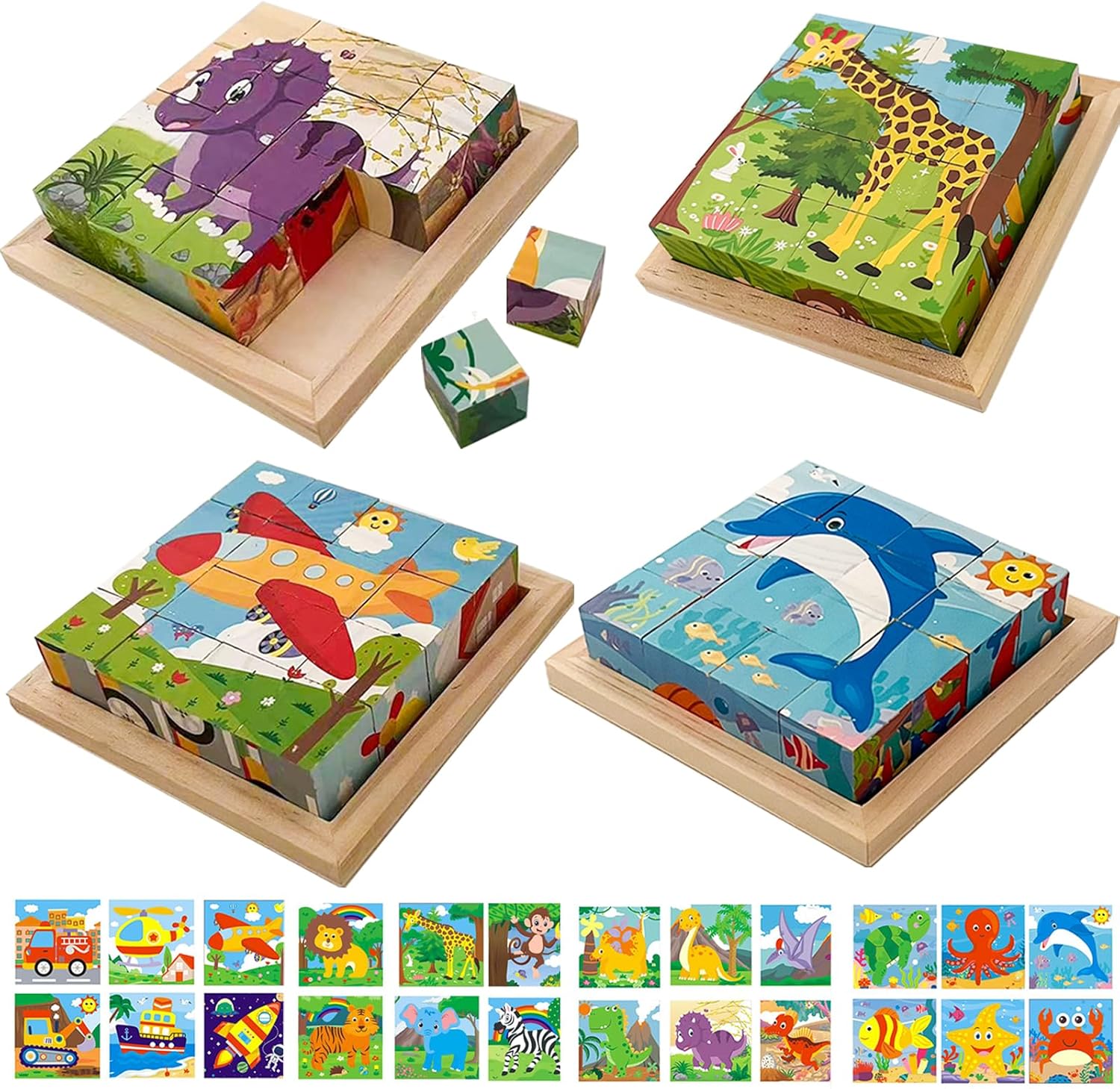 24 Jigsaw Puzzle Designs Cube Wooden Puzzles with Storage Tray,Toddler Kids Puzzles Ages 3 4 5 6,Educational Learning Montessori Toys for 3 4 5 Year Old