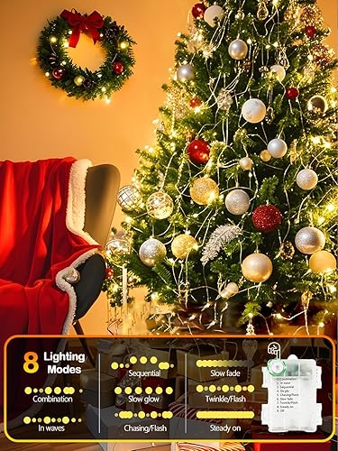 Vista 12 de Paquete de 4 100 luces LED que funcionan con pilas, con control remoto, luces parpadeantes impermeables de 33 pies con temporizador y 8 modos