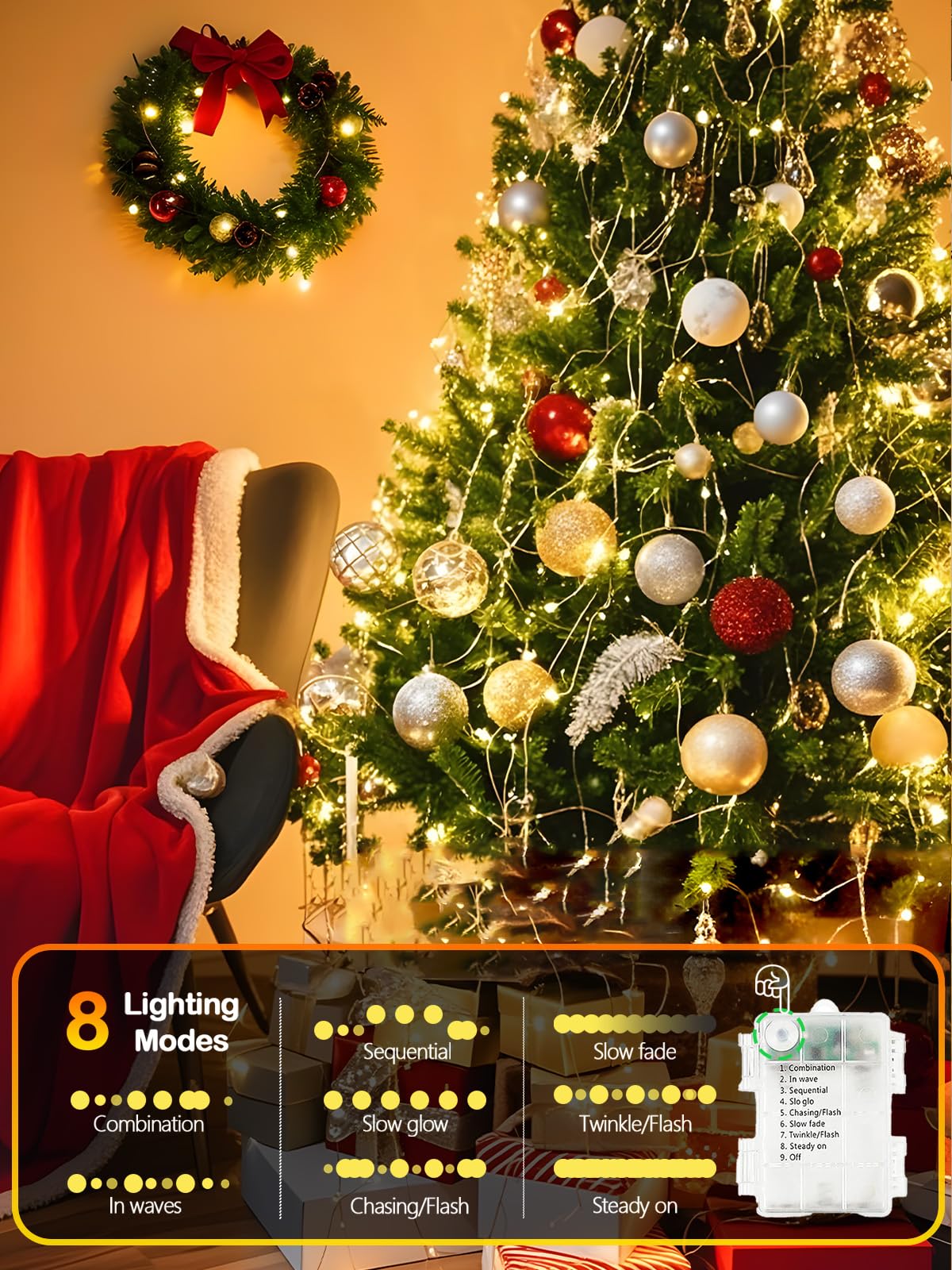 4-Pack 33FT 100 LED Fairy Lights Battery Operated with Remote & Timer, Waterproof String Lights Outdoor Indoor Bedroom Decor, 8 Mode Twinkle Lights for Girl Room Xmas Party Wedding Garden (Warm White)