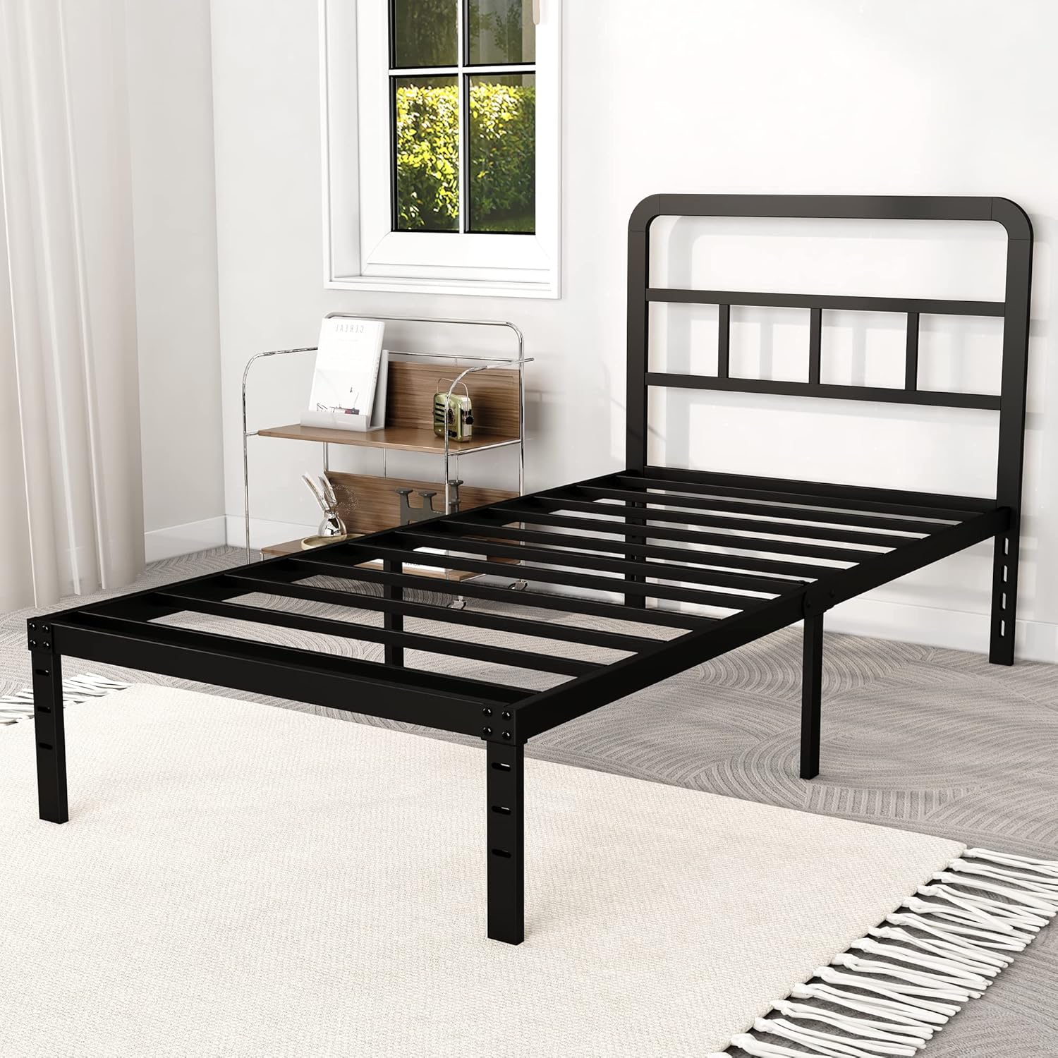 DiaOutro Metal Platform Twin Bed Frames with Headboard, 14