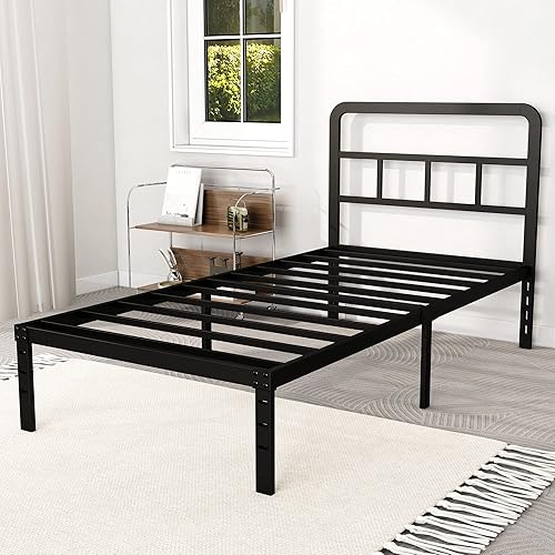 DiaOutro Base de cama individual XL de 14 pulgadas con cabecero, no necesita somier, plataforma de metal, base de colchón de listones de acero