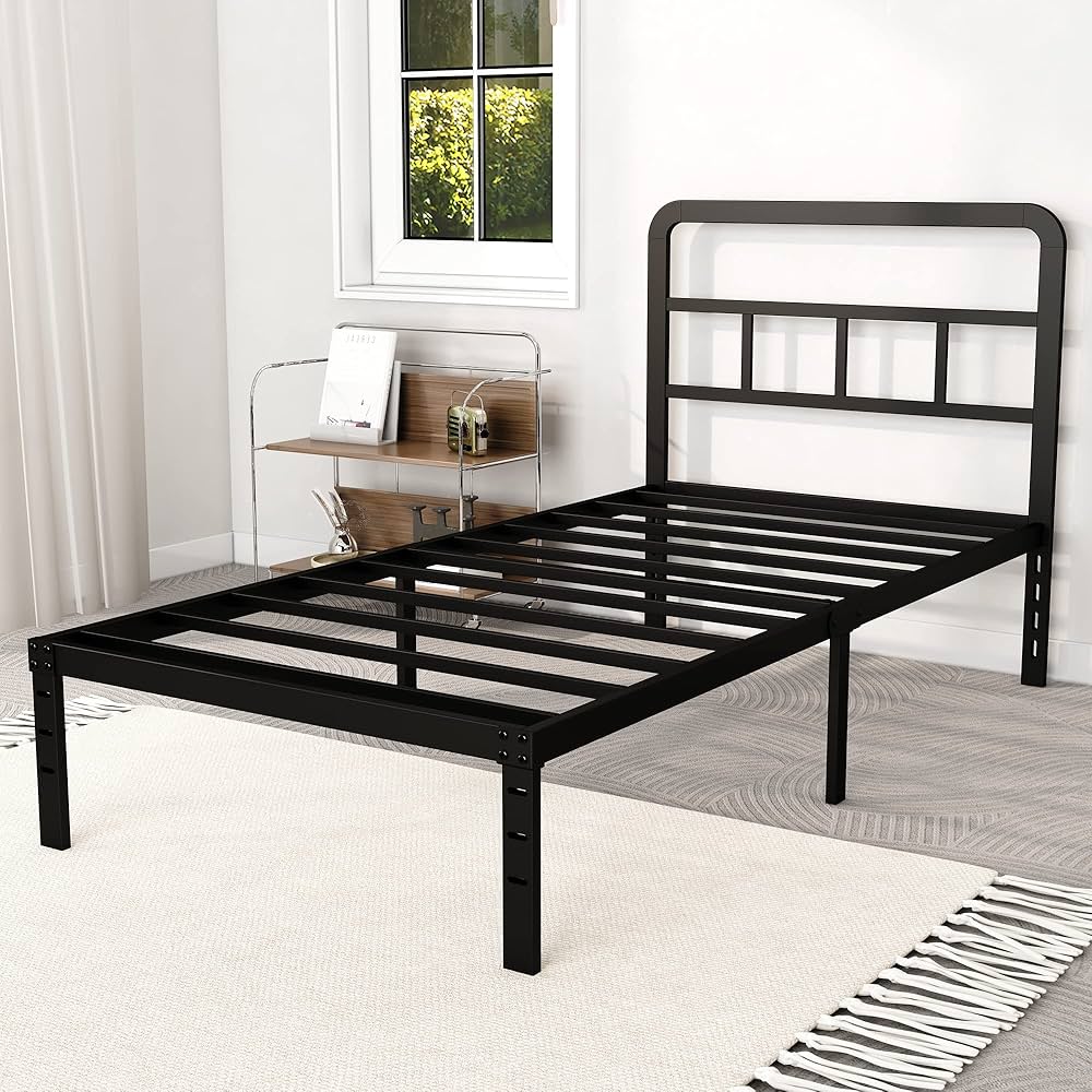 DiaOutro Metal Platform Twin Bed Frames with Headboard, 14