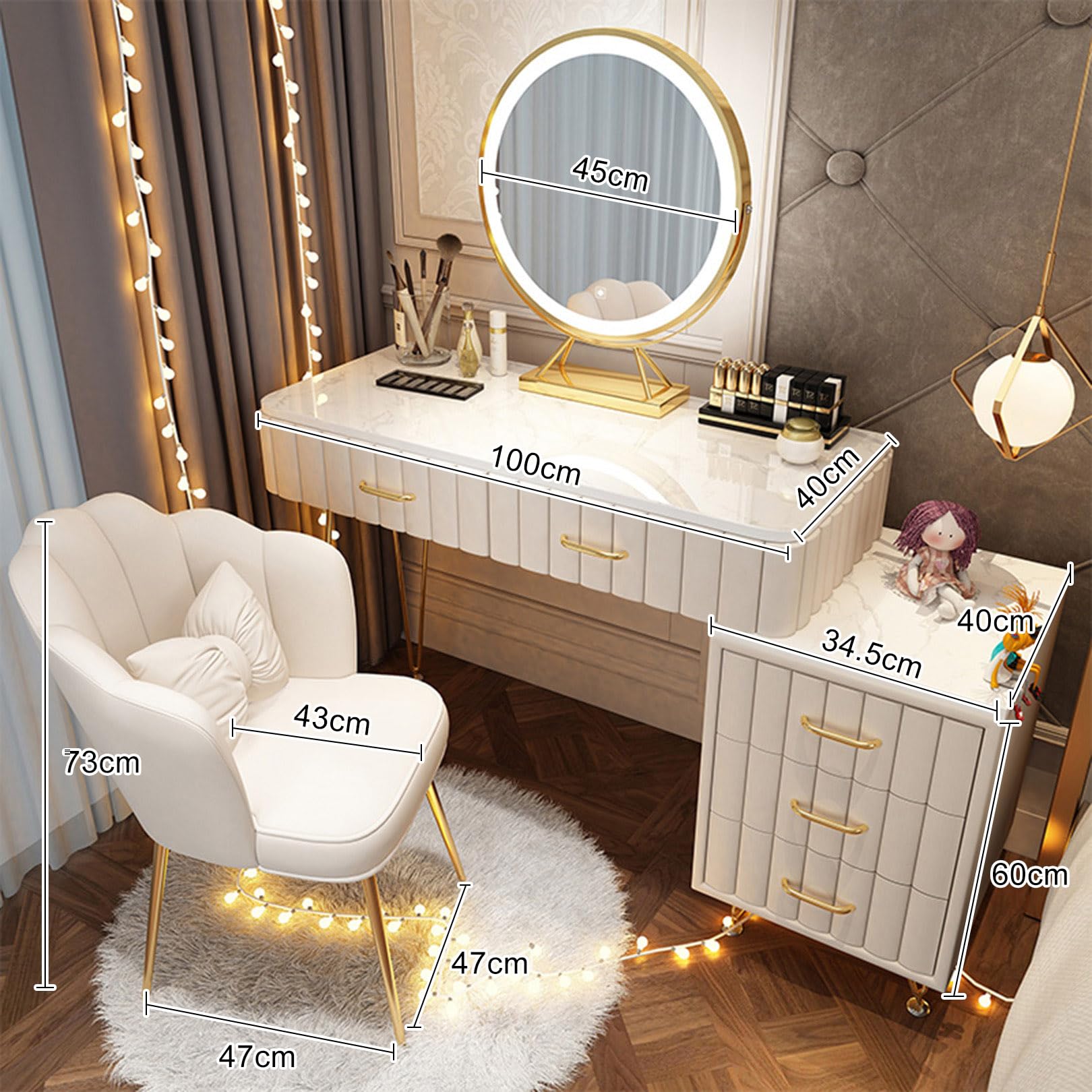 Tavolo da trucco moderno con specchio a LED, 4 cassetti, spazioso set da camera da letto, 3 modalità di illuminazione a colori (bianco, 100 cm), design elegante e funzionale per gli amanti del trucco