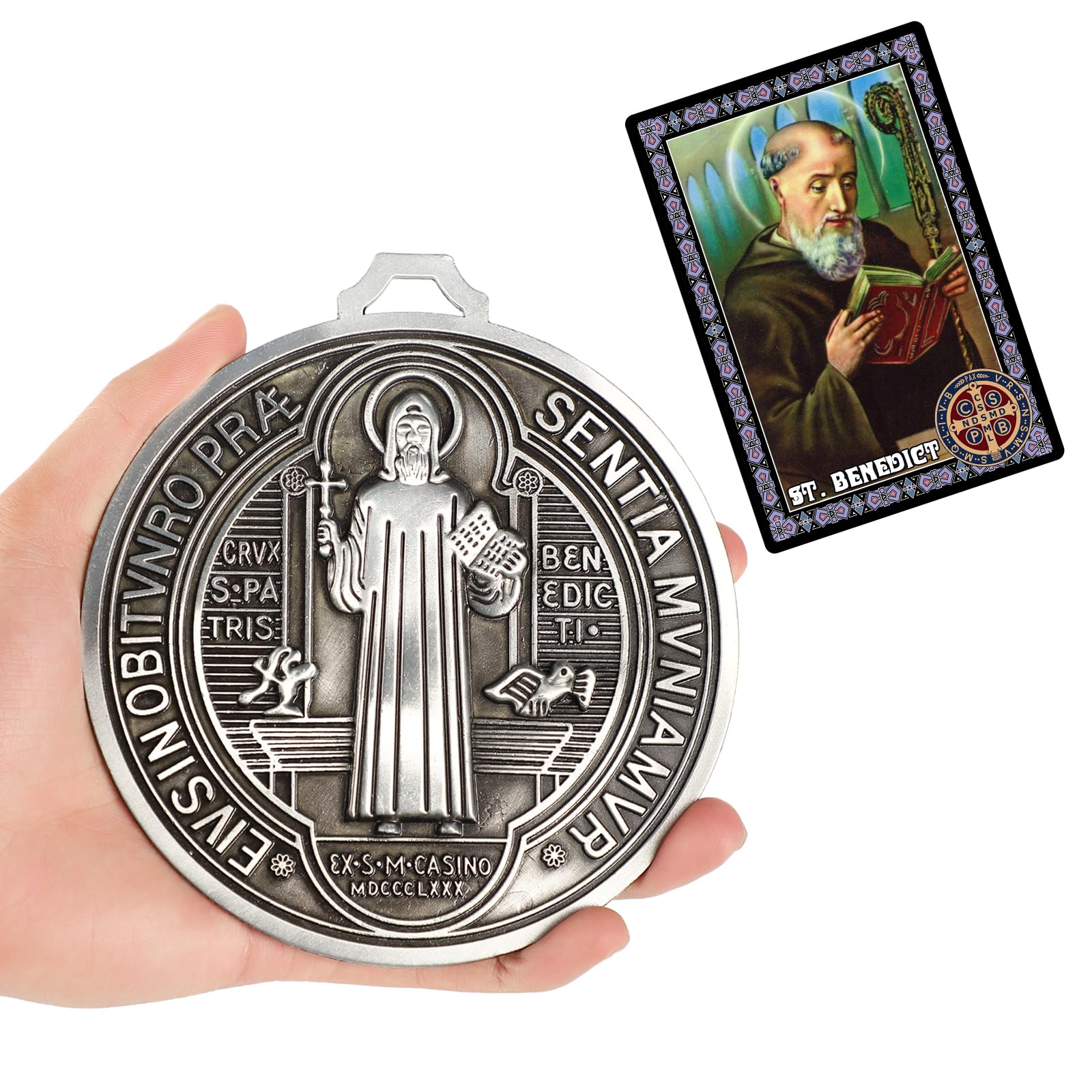 5 Inch St Benedict Medals with Saint Benedict Prayer Cards Home Protection,Catholic St Benedict Crucifix for Door Hanger Mexican Wall Art Decor,Escapularios Catolicos,Medalla De San Benito (Silver)