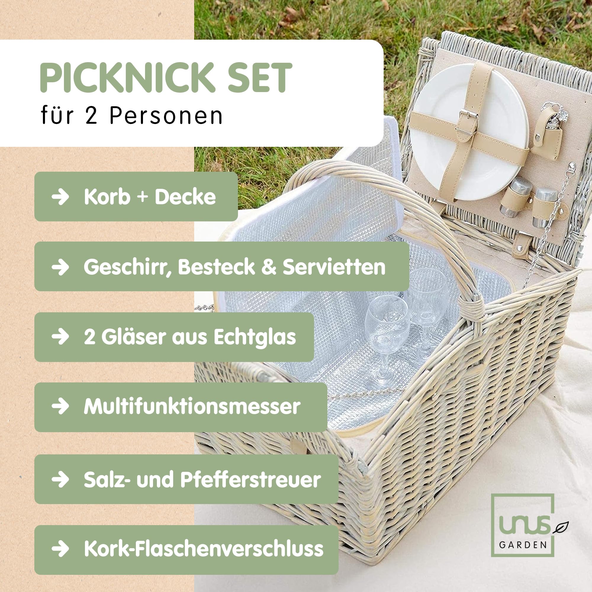 Set da picnic per 2 persone con cestino termico, coperta 135x115 cm, posate e stoviglie, grigio e beige
