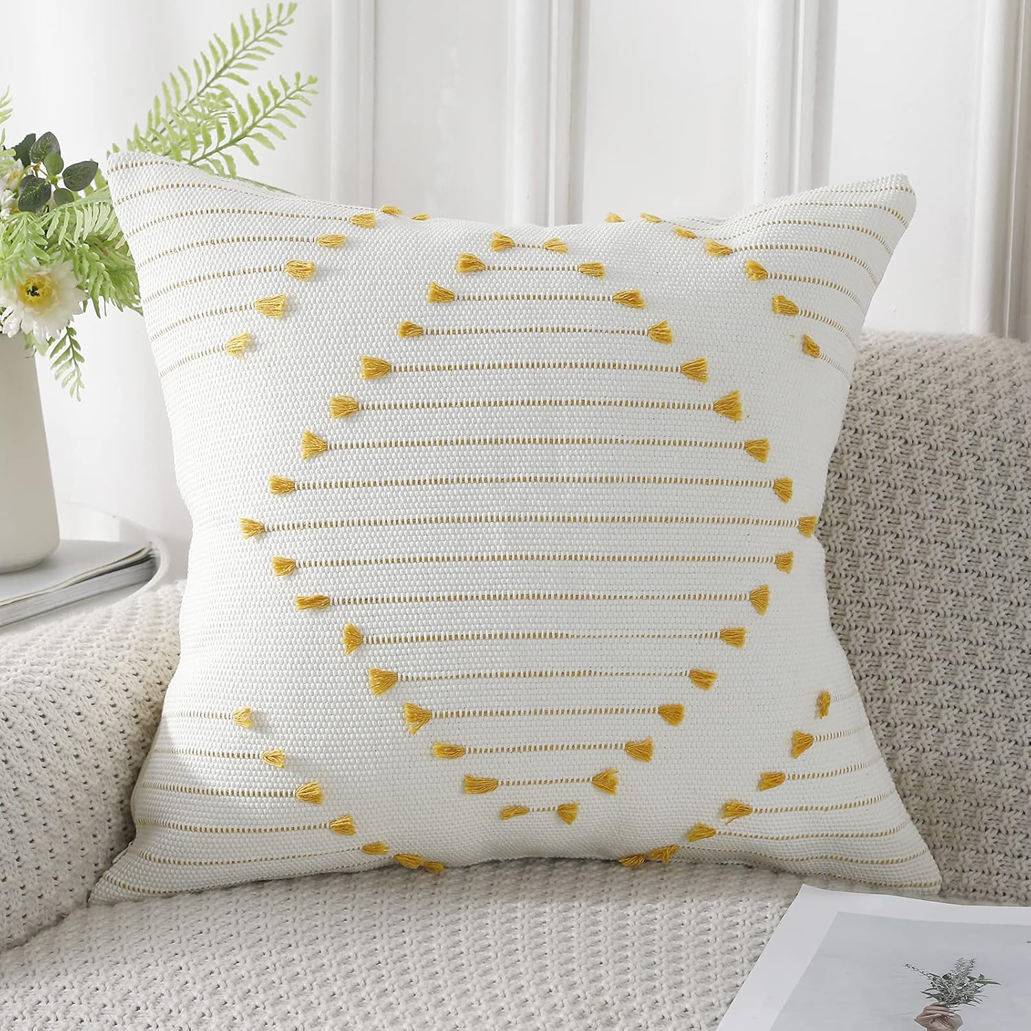 PANOD Knitted Boho Tufted Throw Pillow Covers with Tassel (20x20 inches) — Decorative Indoor Outdoor Bohemian Square Cushion Case Pillowcase for Couch Sofa Living Room Car Farmhouse (Yellow and Cream White Yellow, 20" x 20", Pack of 1)