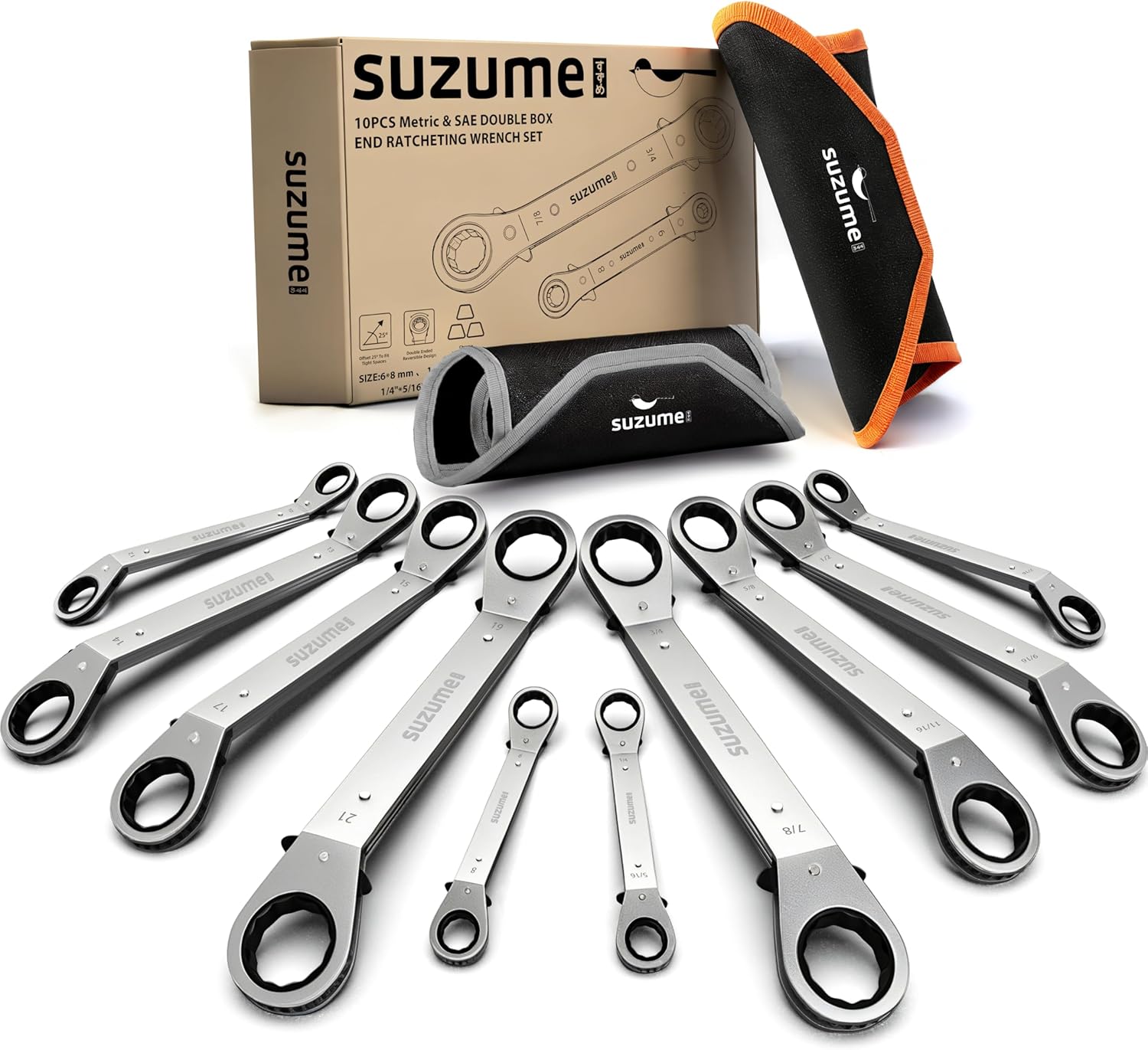 SUZUME Offset Ratcheting Wrench Set, 10-Piece Metric & SAE (6–21mm, 1/4″–7/8″) Double Offset Reversible Box End, 25° for Tight Engine Bay Repairs, Rolling Pouch