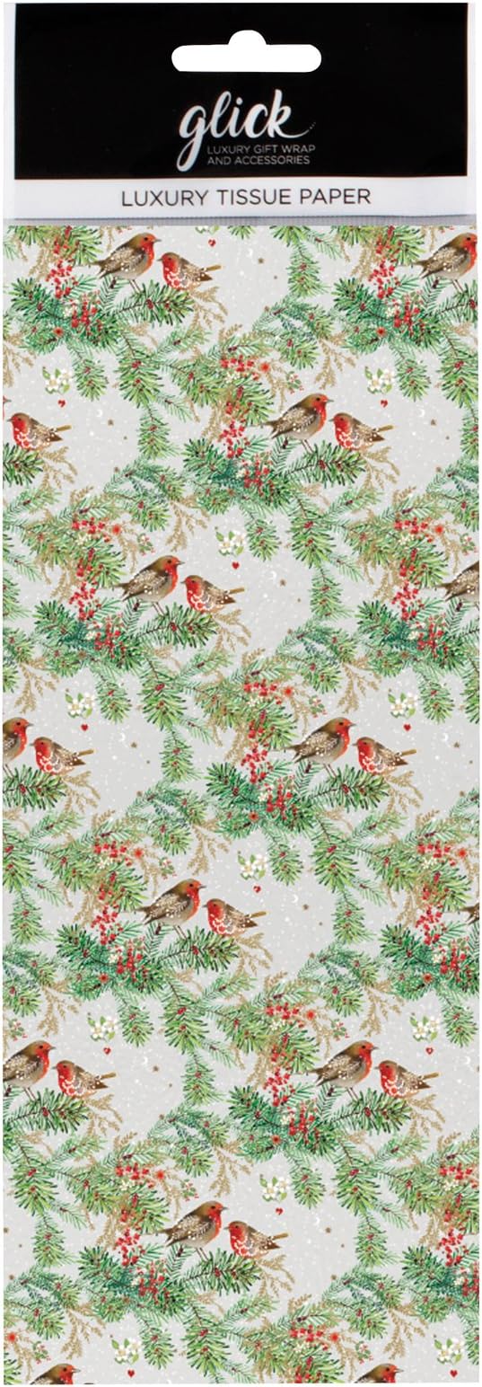 Robins on Wreaths Christmas Printed Patterned Tissue Wrapping Paper by Glick Luxury 4 Sheets 50 x 75cm