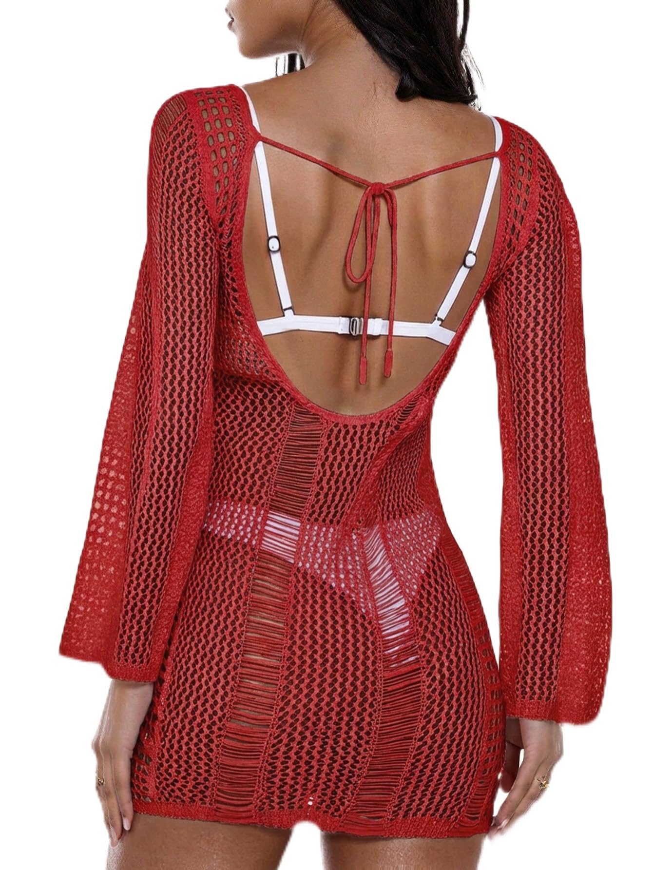 Floerns Women's Crochet Cover Up Long Sleeve Hollow Out Bikini Swimsuit