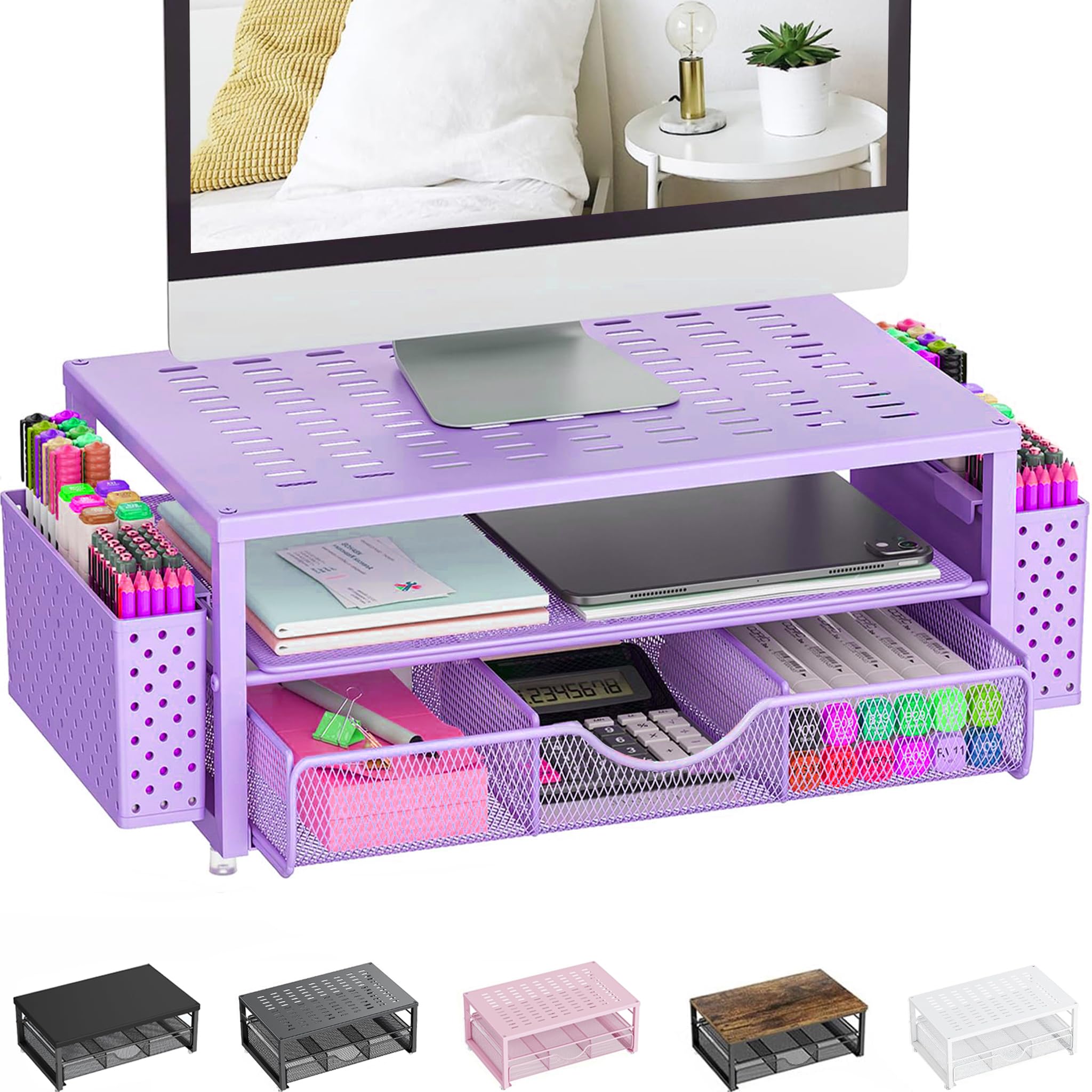 Organisateurs de bureau et accessoires, support de moniteur avec tiroir et 2 porte-stylos, organiseur de bureau adapté pour les bureaux et les dortoirs (violet)