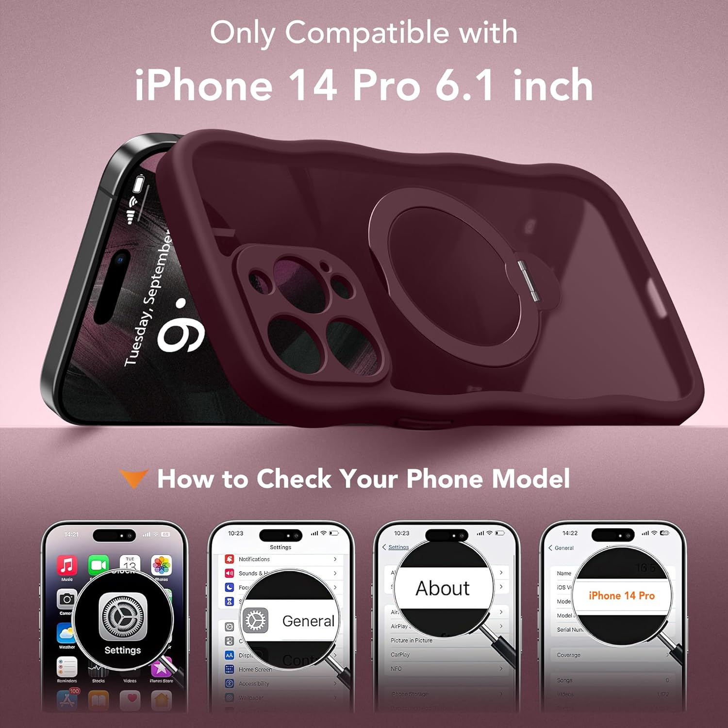 GolbinBox for iPhone 14 Pro Case for Women,[Compatible with Magsafe][360° Spin Magnetic Stand][Cute Wave Edge][Military-Grade Protection] Translucent Matte Phone Case for iPhone 14 Pro, Burgundy - Image 2