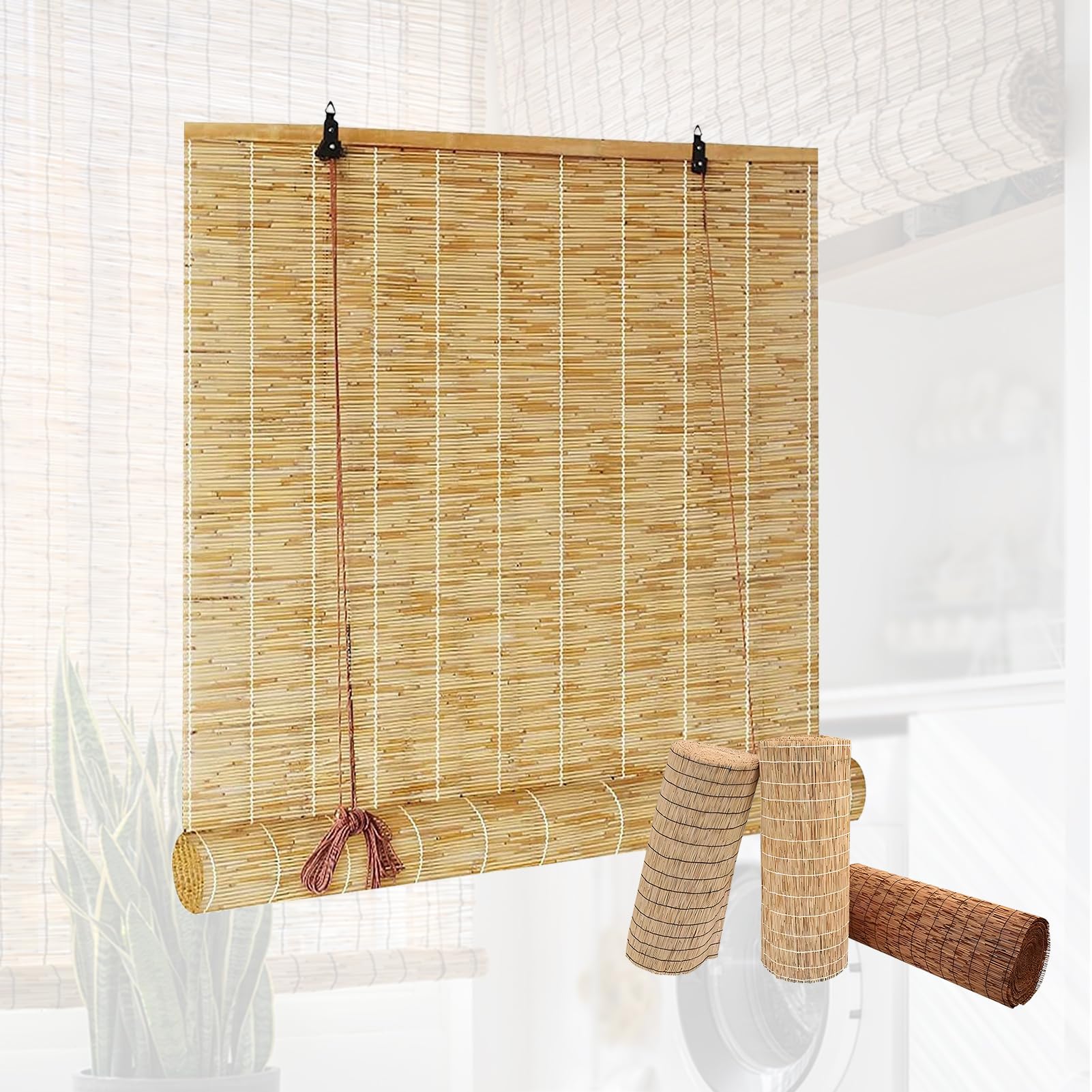 Lxsdgvzd B-9 Outdoor Roller Reed Blinds Porch Bamboo Shades Natural Retro Reeds Curtain Bamboo Roller Blinds Customizable Size Privacy Screen Light Filtering Sun Protection Window Curtains