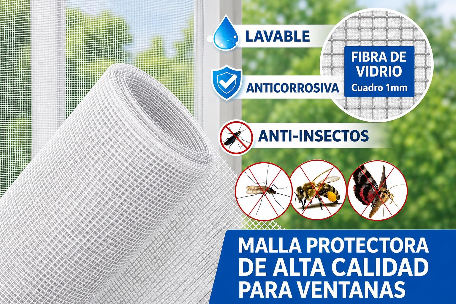 Tela mosquitera por metros, tela mosquitera para puerta y ventana, tela mosquitera FIBRA DE VIDRIO COLOR BLANCO, mosquiteras tamaño a elegir (150x3000 cm)
