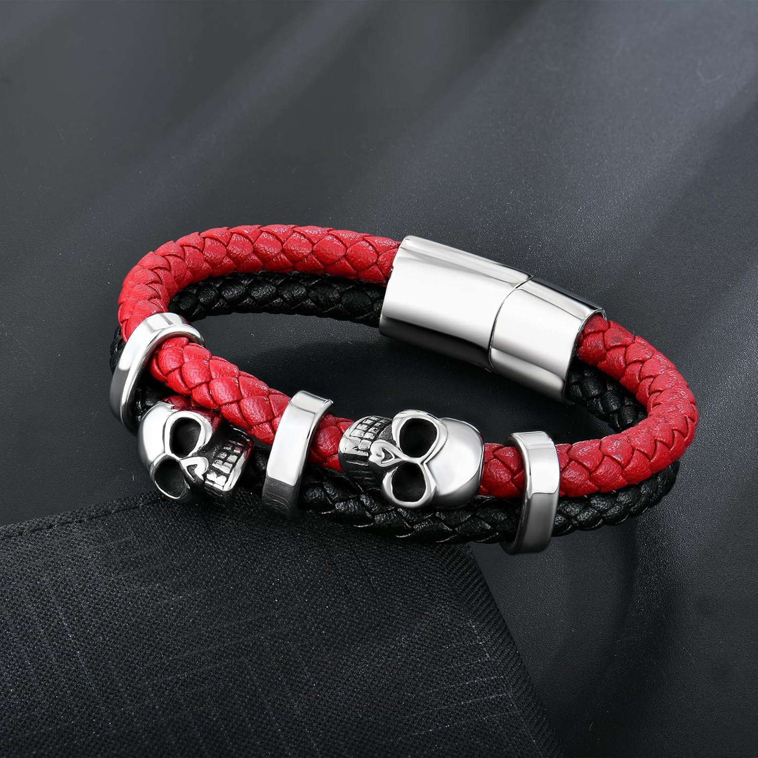 Mens Skull Double Row Leather Bracelet, Black or Silver Skull Braided Bracelet for Men, Mens Punk Jewelry - Image 5