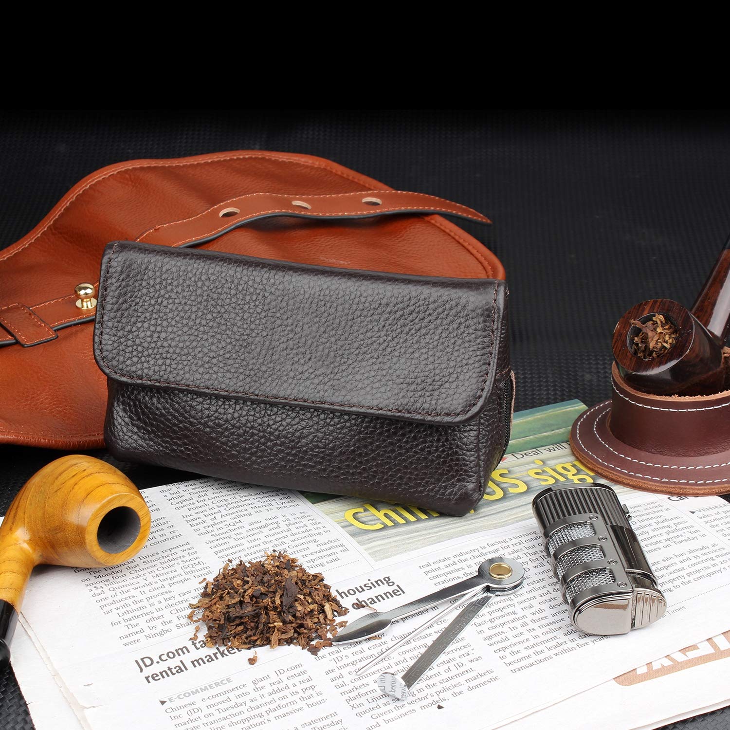 Custodia portatile in vera pelle per 2 pipe, con manomissione, strumento filtro e detergente per conservare la freschezza