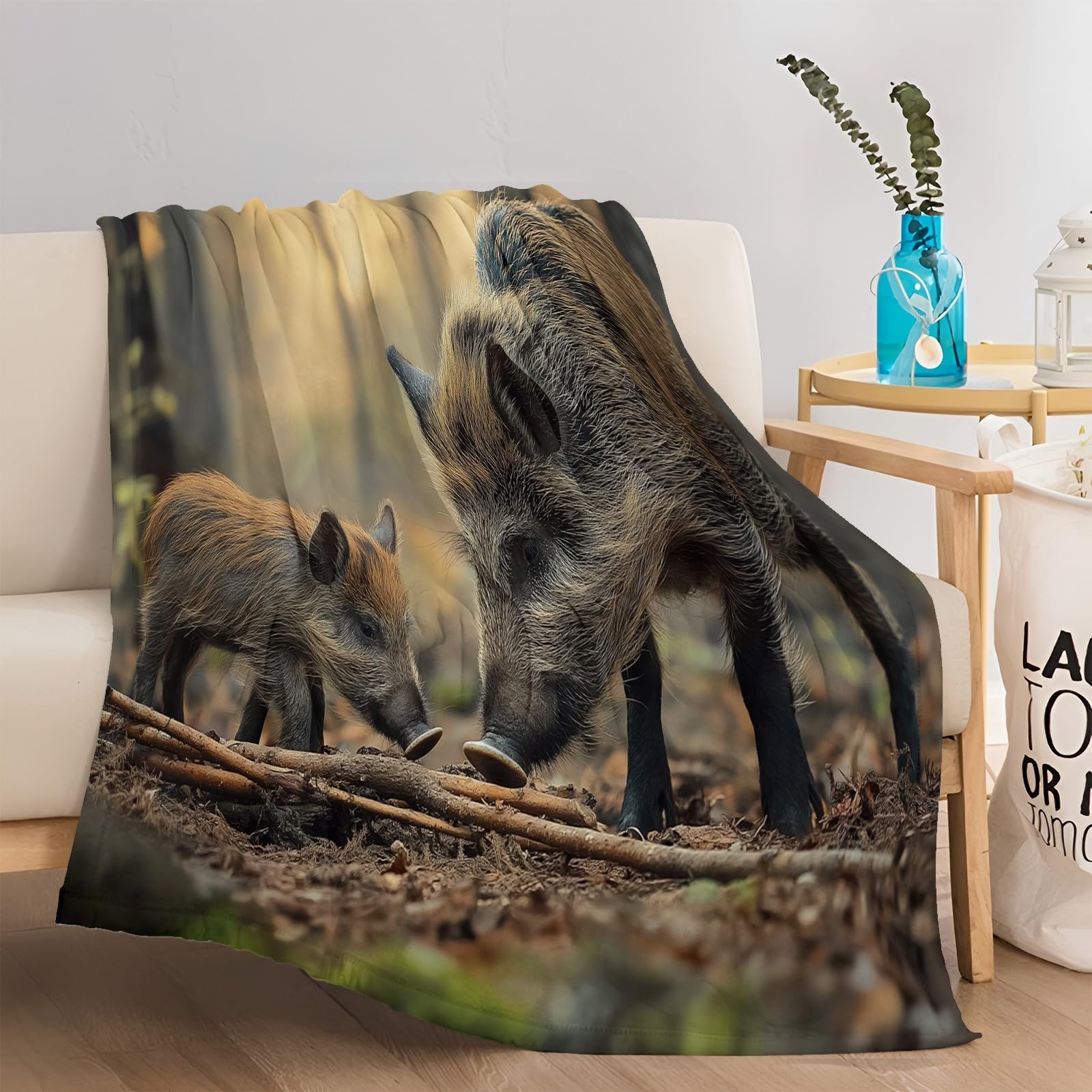 Forêt Faune Sanglier Plaid Polaire, Couverture et Plaid Canapé Grande Taille en Flanelle Douce et Chaude Brun Confortable pour Enfants et Adultes, Chambre et Lit 150x200 cm