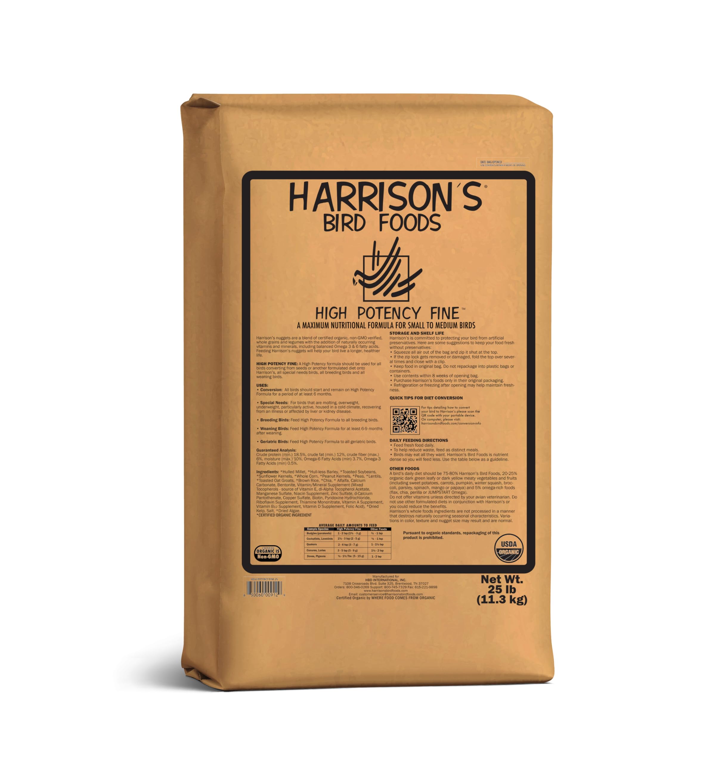 Harrison's Bird Foods High Potency Fine Certified Organic Non GMO Formula Bird Food 25lb
