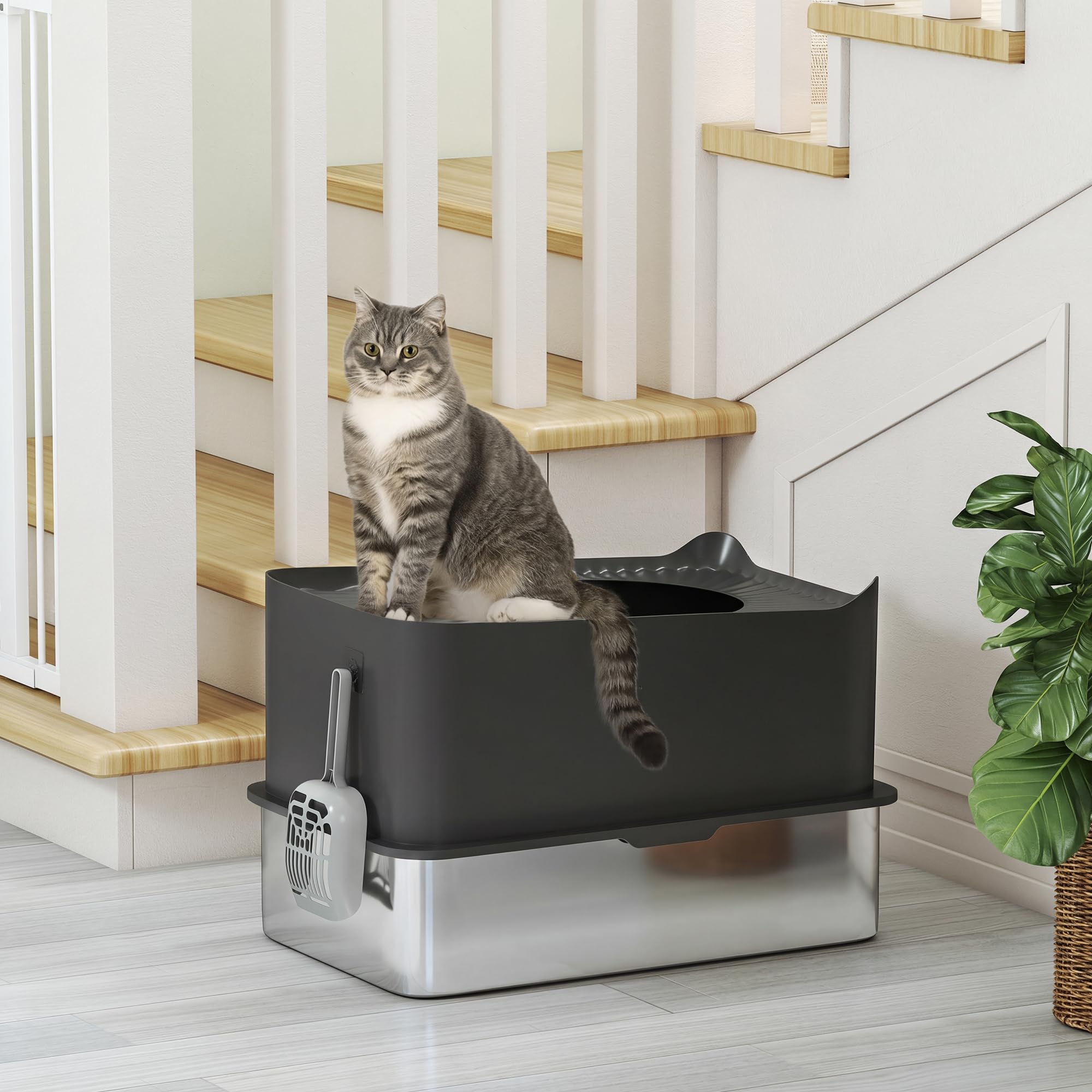 PawHut Bac à litière pour Chat XXL en Acier Inoxydable, 65L Grande capacité, Maison de Toilette pour Chat, avec Pelle et Patins antidérapants, Facile à Nettoyer, 60 x 40 x 38 cm, Noir