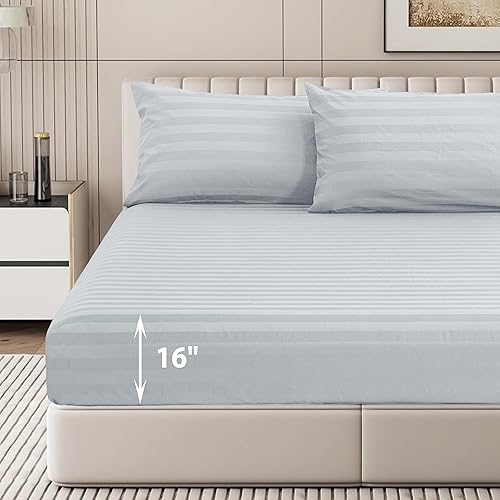 Miniatura 5 de Sábana bajera ajustable de 100 % algodón puro, bolsillo profundo de 15 pulgadas, sábana bajera de 600 hilos para hogar y hotel (gris a rayas,