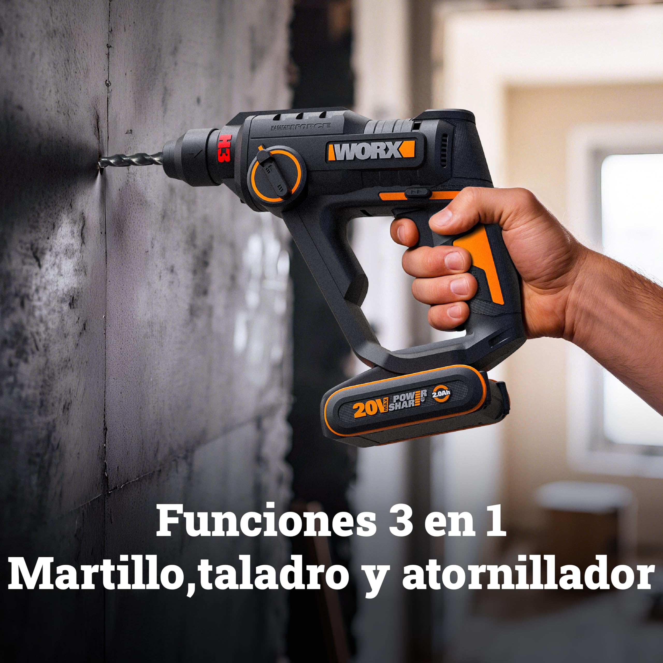 WORX WX391 Martillo perforador inalámbrico 20V, 1,2J, taladrado rápido en hormigón, 3 funciones en 1, 10 brocas para hormigón, madera y metal, batería de 2 Ah y cargador rápido de 2A