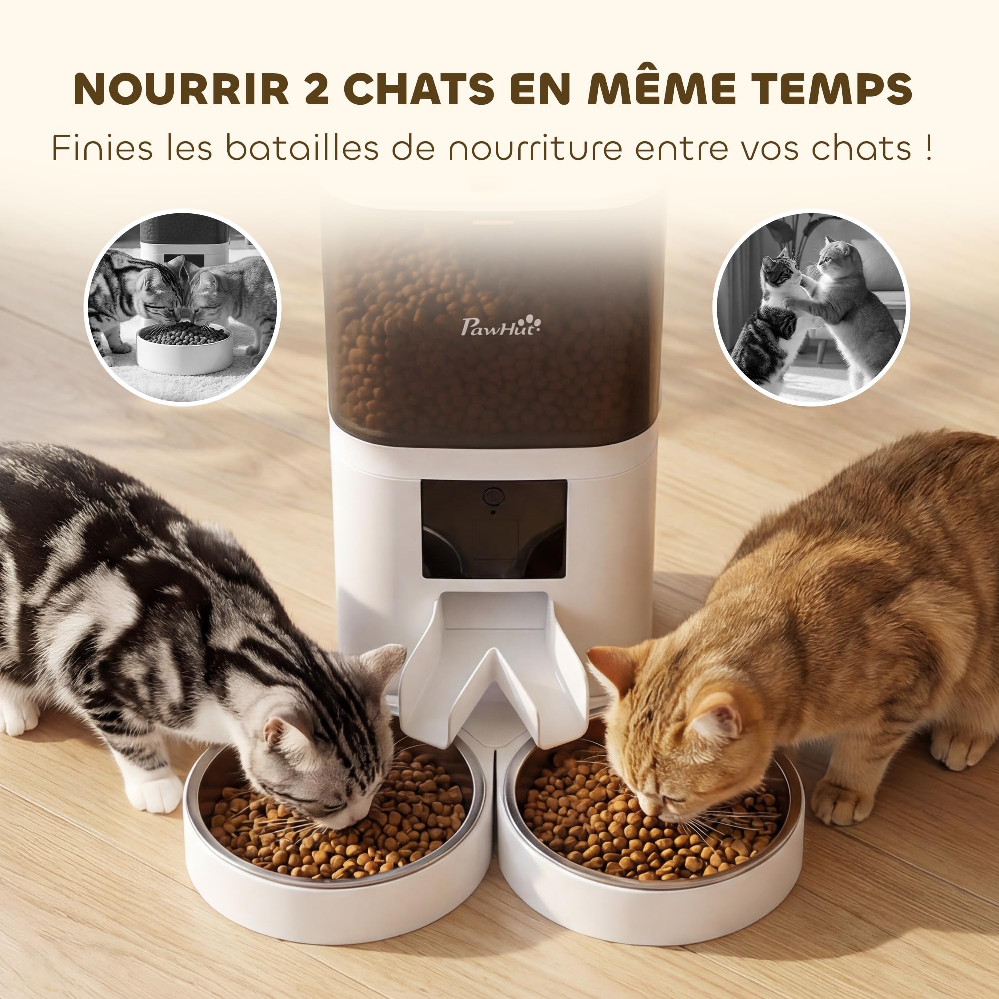 PawHut Distributeur Croquettes Chat Automatique - Mangeoire Chat 2 Animaux 6L avec Double Bol INOX - Gamelle Chat Connectée WiFi Tuya App pour Chien et Chat, Alimentation de Secours, Blanc