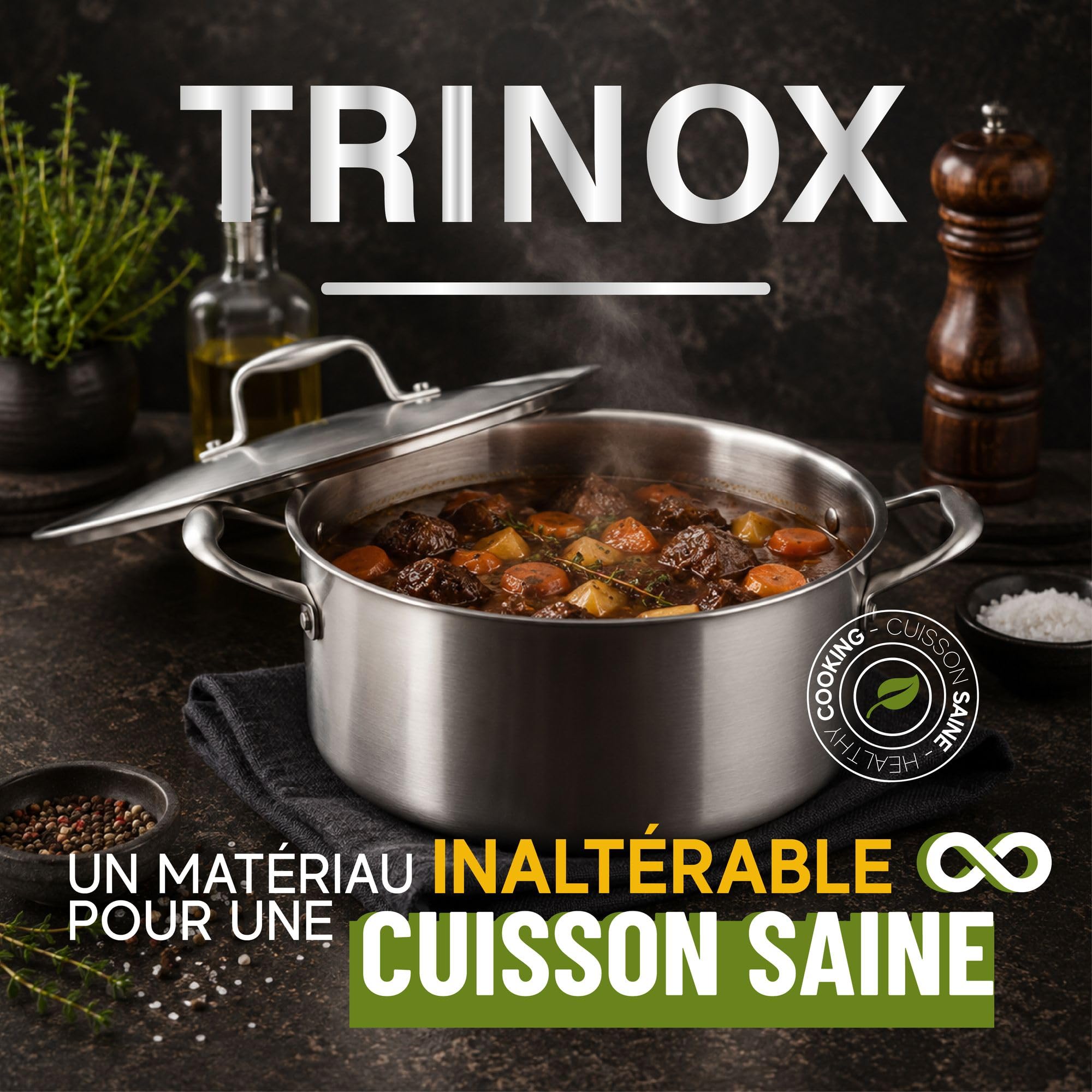 MENASTYL - 24 cm Trinox stainless steel stewing pot for all heat sources including induction with lid - 3-layer stainless steel/aluminium structure - Professional quality - Free from harmful