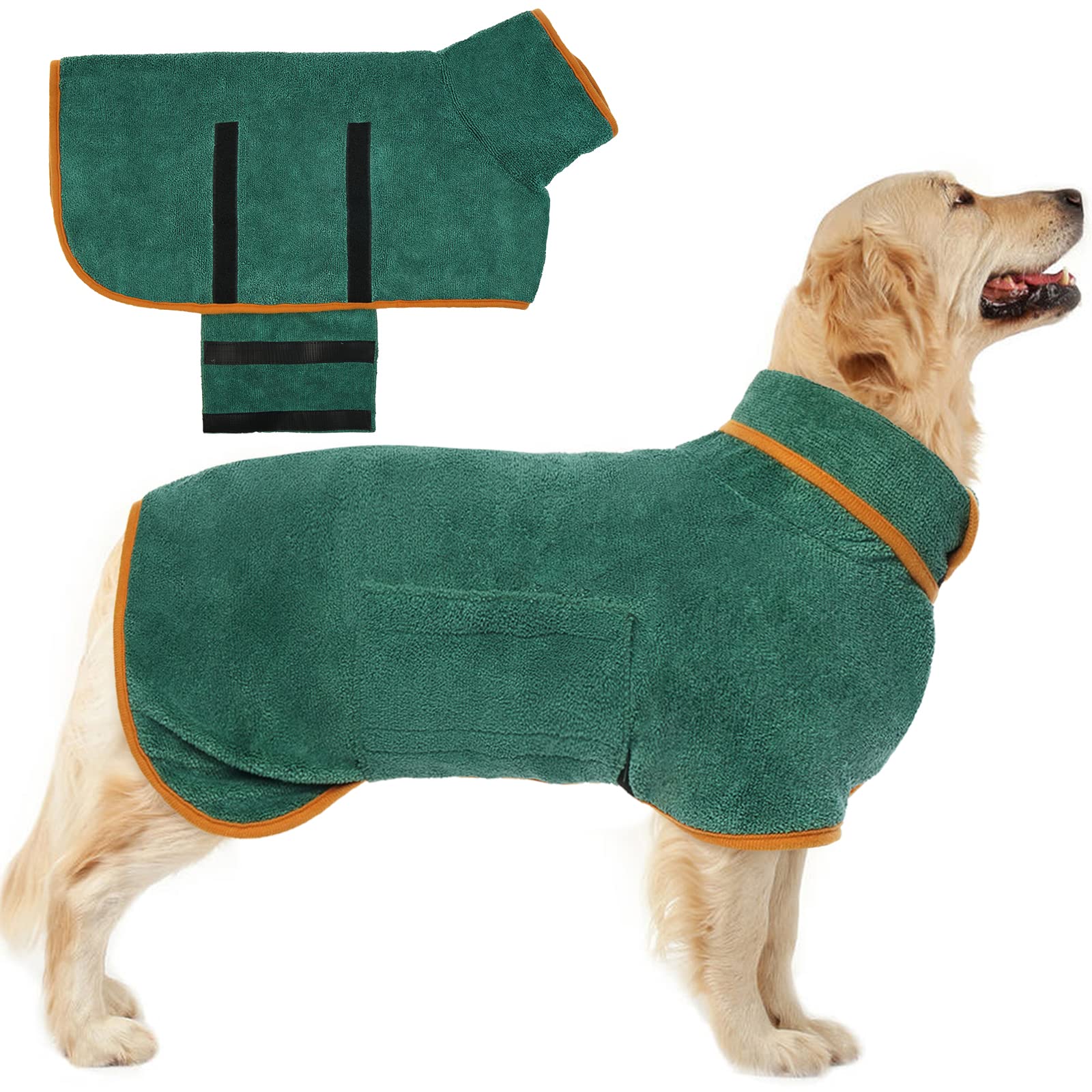 KuoserDog Drying Coat, Large Dog Towel Coat L, Fast Drying Dog Robe Dog Dressing Gown, Microfiber Dog Bathrobe Ultra Soft Dry Coat Robe, Portable Dog Cat Bath Robe Towel, Green