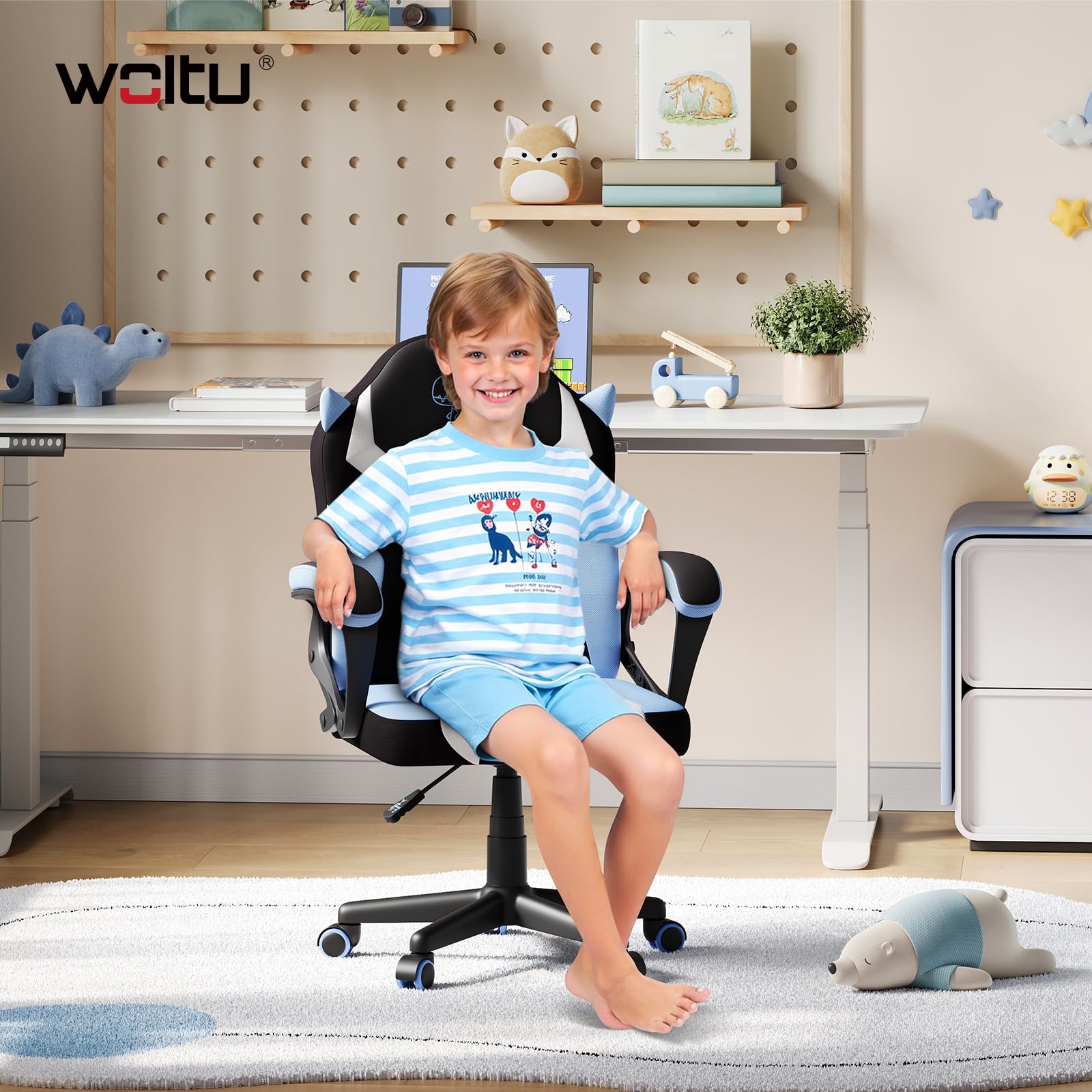 WOLTU Silla Gaming Infantil, Silla Escritorio Ergonómica con Respaldo y Reposabrazos, Sillón de Estudio para Habitación Infantil, con Ruedas Sustituidas, Tela de Malla, Dinosaurio Azul
