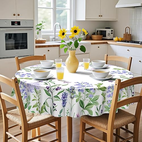 Miniatura 6 de Eikione Mantel redondo de 60 pulgadas, mantel floral de poliéster, impermeable, sin manchas, sin arrugas, cubierta de mesa para interiores y